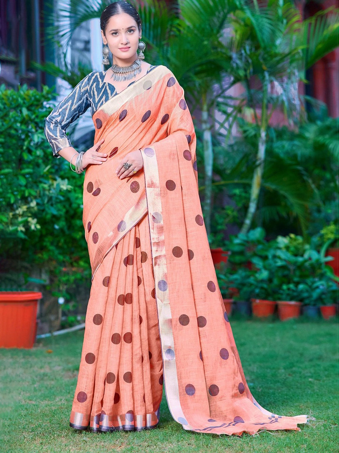 

Nimidiya Polka Dots Printed Pure Cotton Saree, Orange