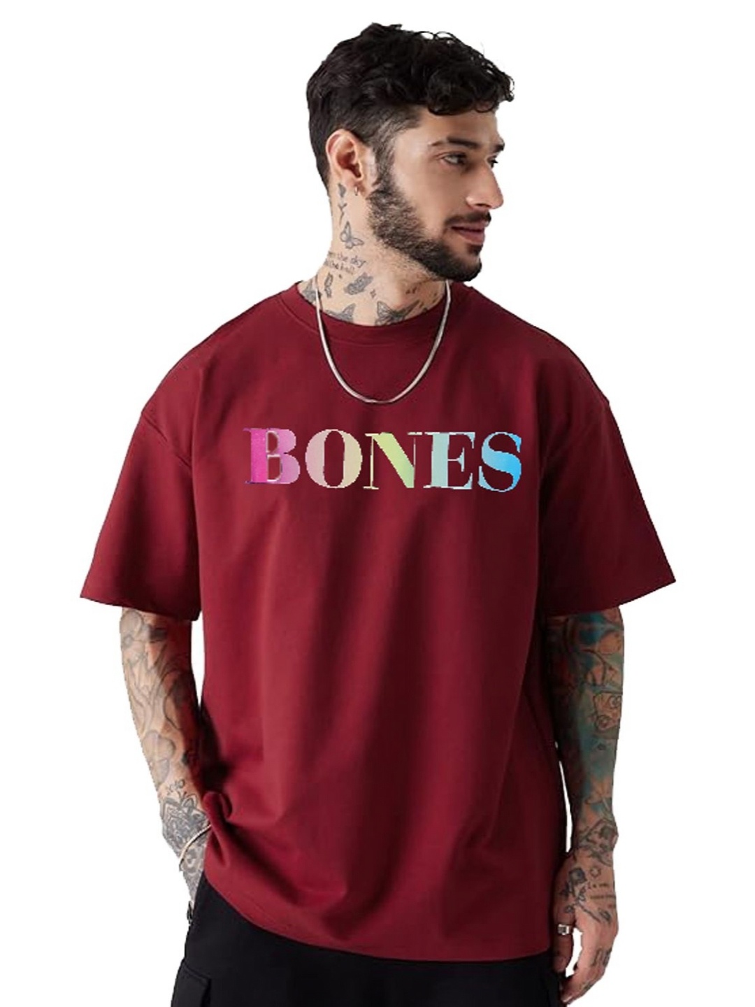 

f Gallery Men Solid Round Neck Oversized T-shirt, Maroon