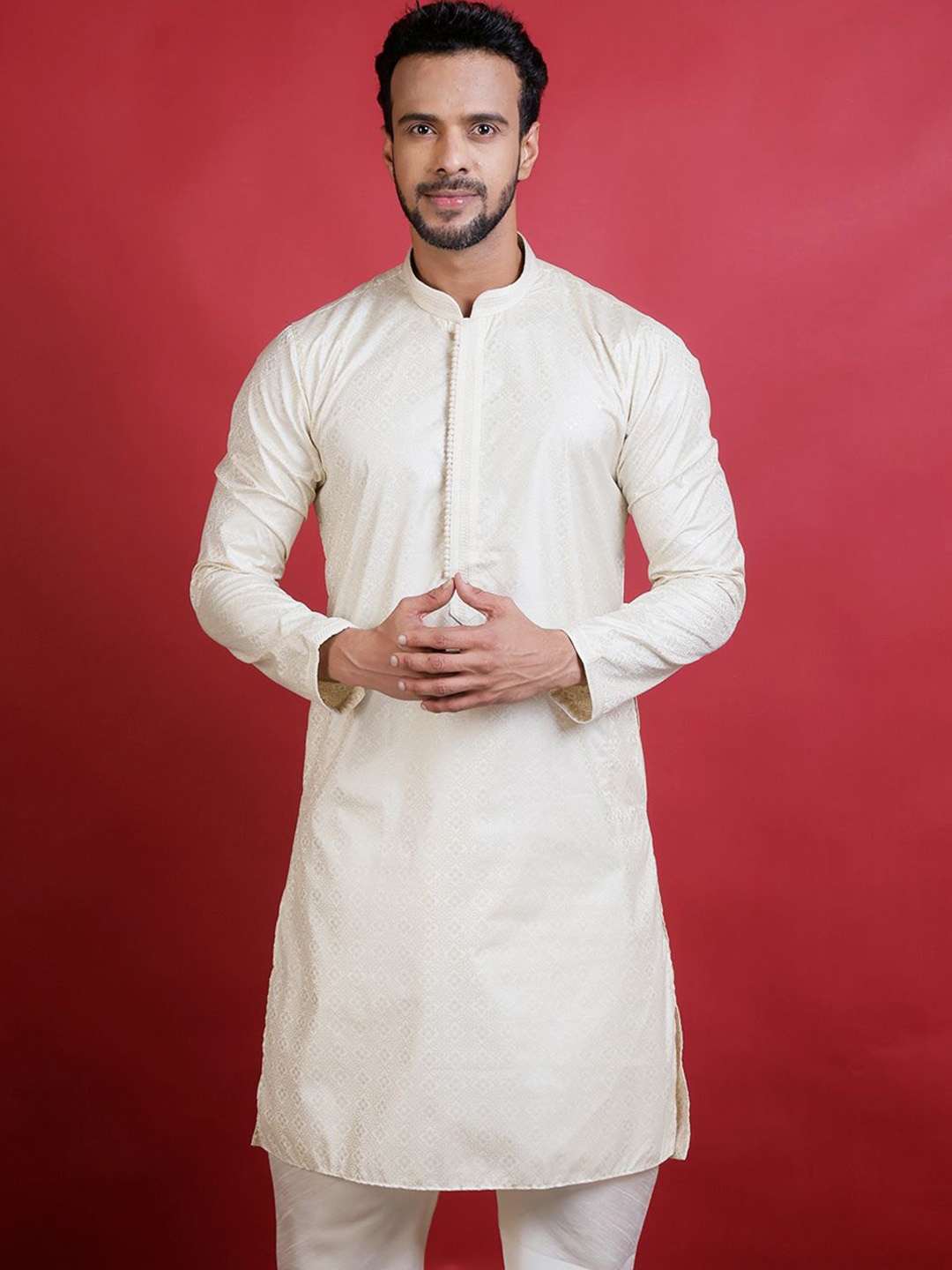 

KHAAS Ethnic Motifs Woven Design Band Collar Cotton Silk Straight Kurta, Cream