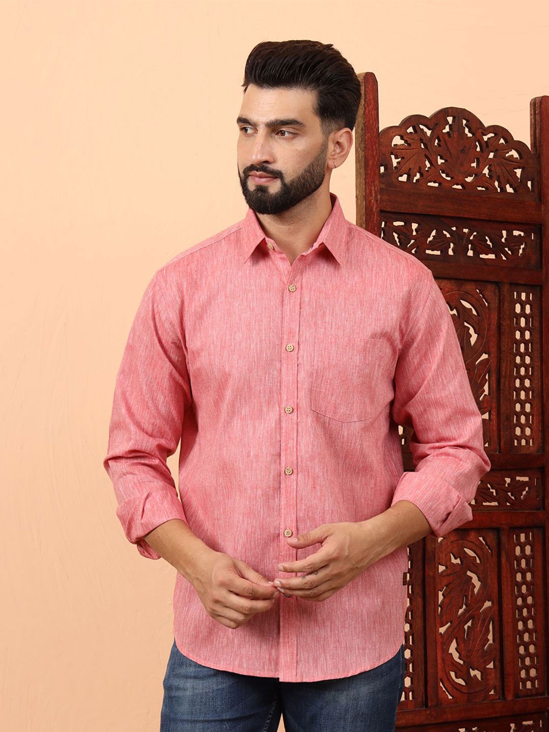 

Latest Chikan Garments Men Standard Fit Spread Collar Solid Cotton Casual Shirt, Pink