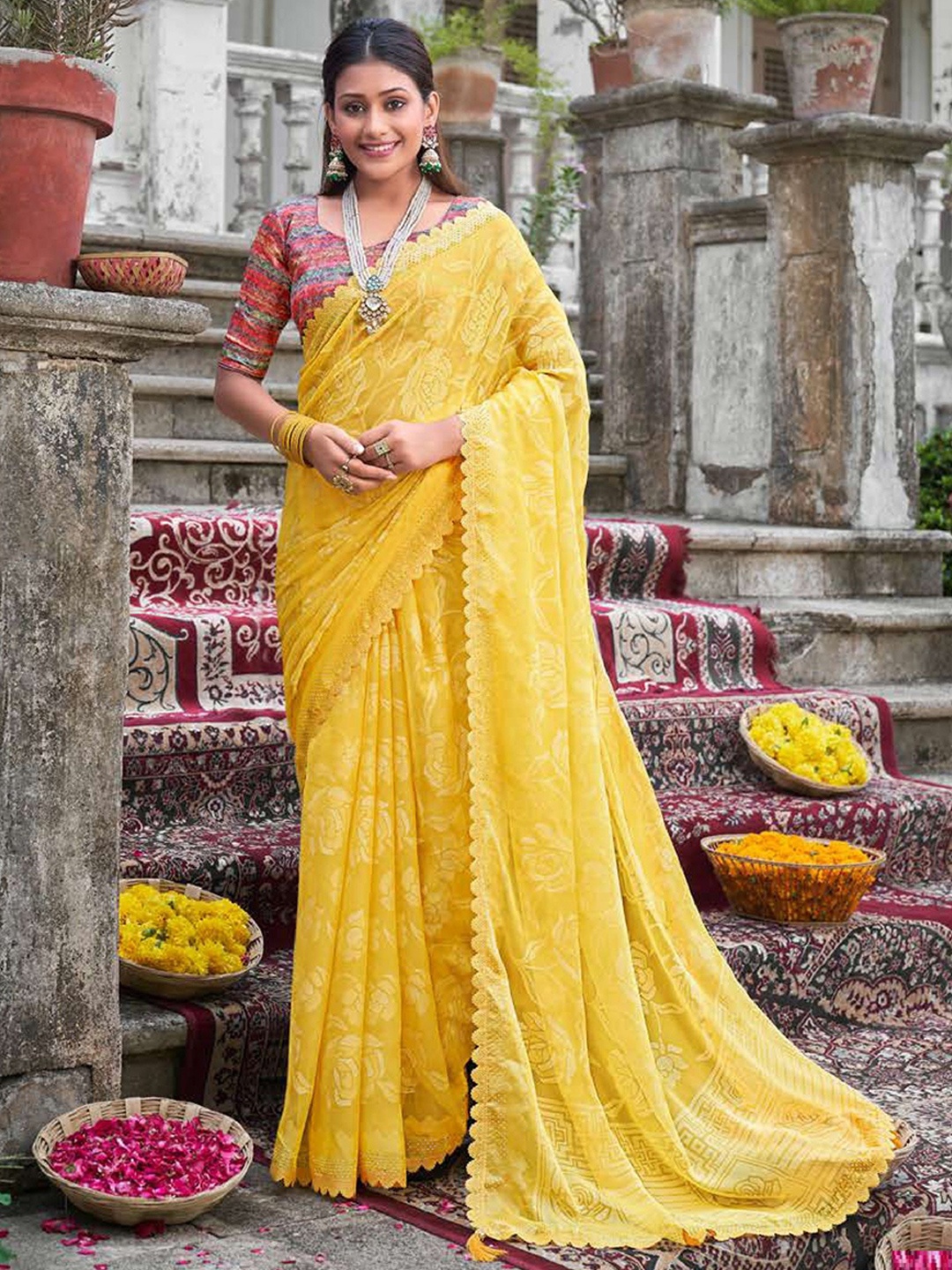 

MAHALASA Ethnic Motifs Printed Embellished Pure Chiffon Saree, Yellow