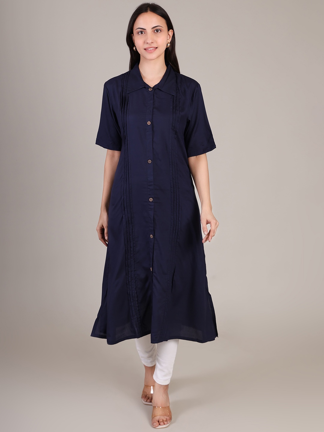 

DELIS Shirt Collar A-Line Kurta, Navy blue