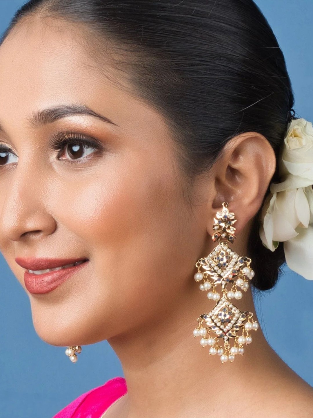 

QUEENS JEWELS Inara Jadau Gold-Plated Artificial Stones Studded & Beaded Drop Earrings