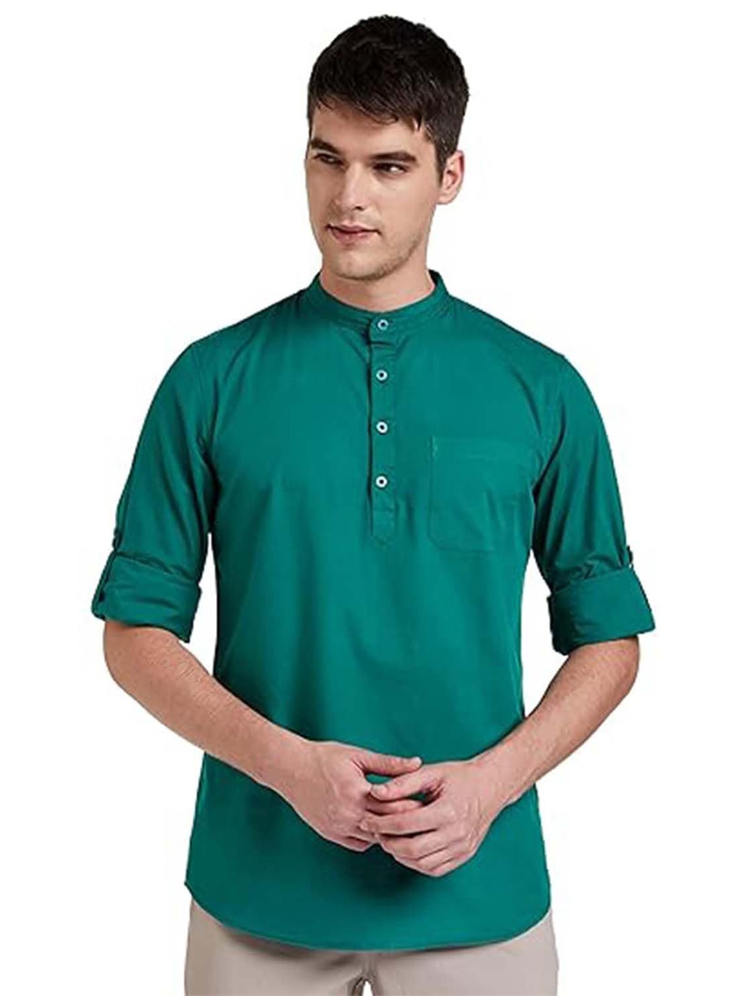 

EdinWolf Men India Slim Fit Mandarin Collar Solid Cotton Casual Shirt, Teal