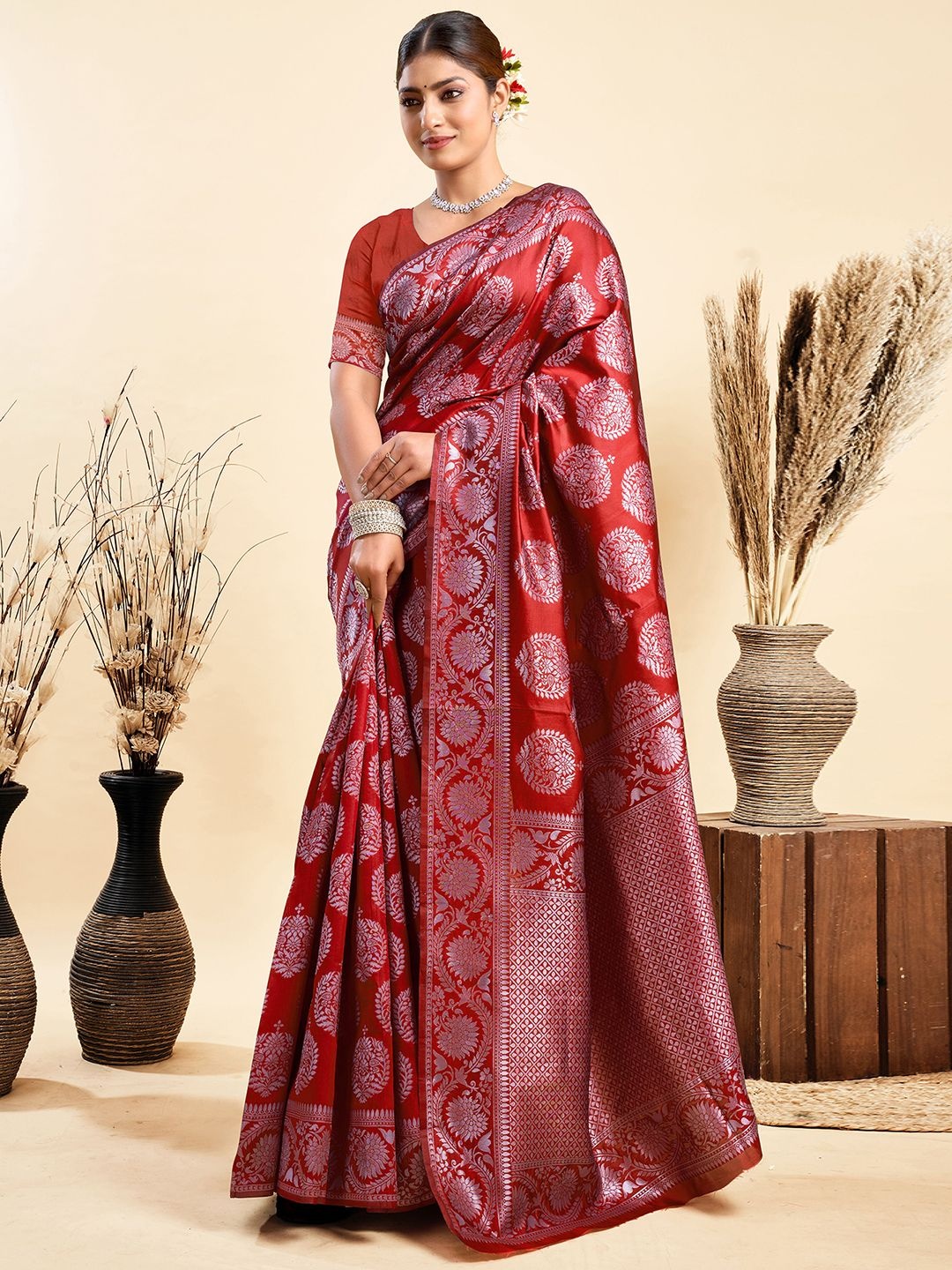 

KALINI Woven Design Zari Designer Paithani Saree, Red