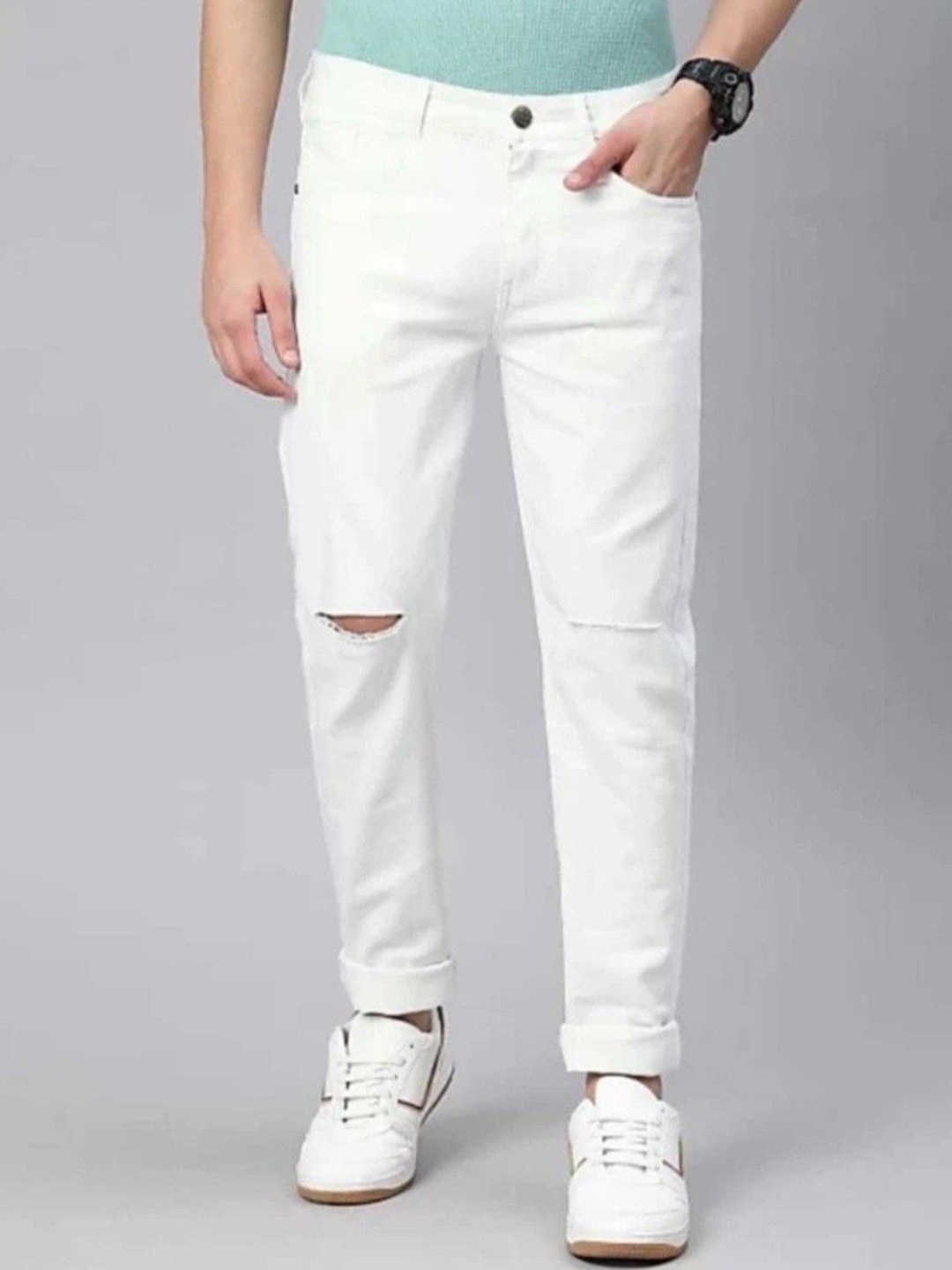 

LINARIA Men Classic Slim Fit Cotton Slash Knee Jeans, White
