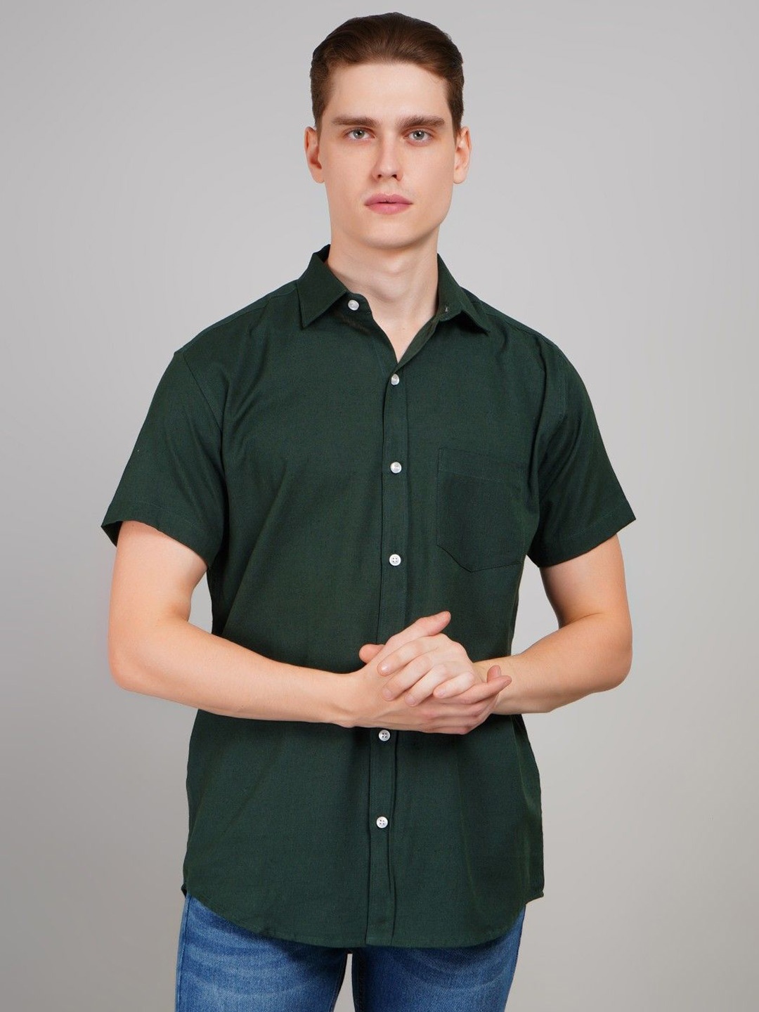 

LOUIS MONARCH Men Regular Fit Spread Collar Solid Cotton Casual Shirt, Green