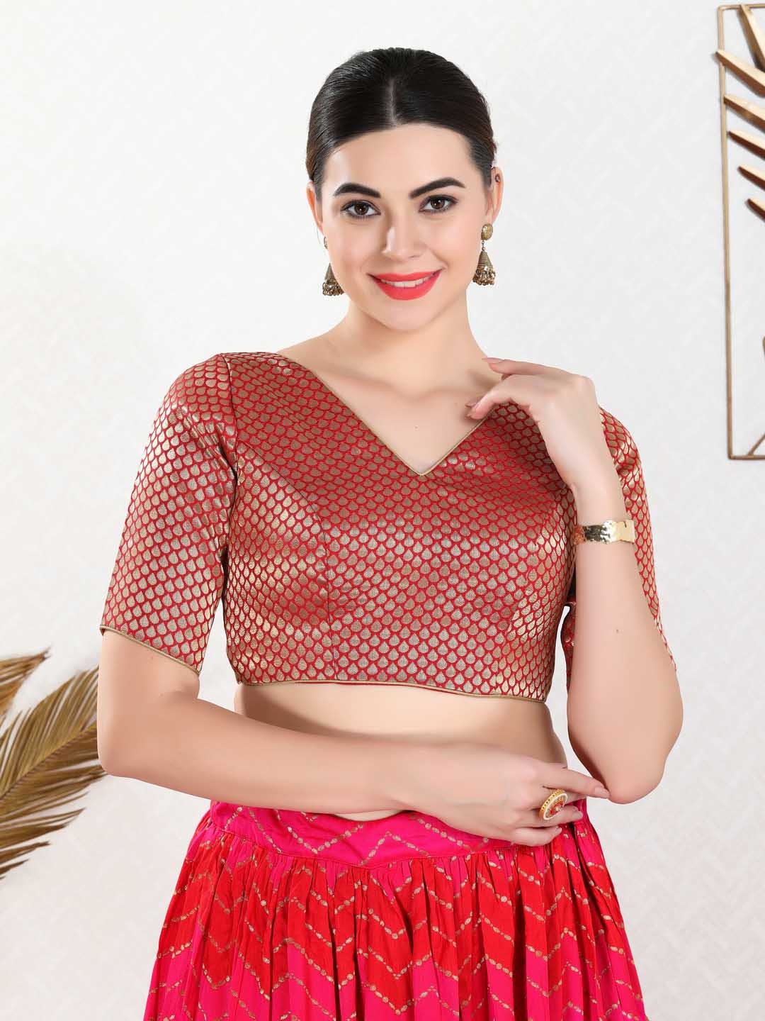 

VAMAS - THE DESIGNER BLOUSES Women V-Neck Padded Saree Blouse, Red