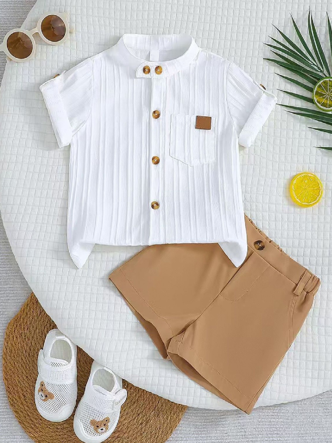 

Xsole Girls Mandarin Collar Striped Top With Shorts, White
