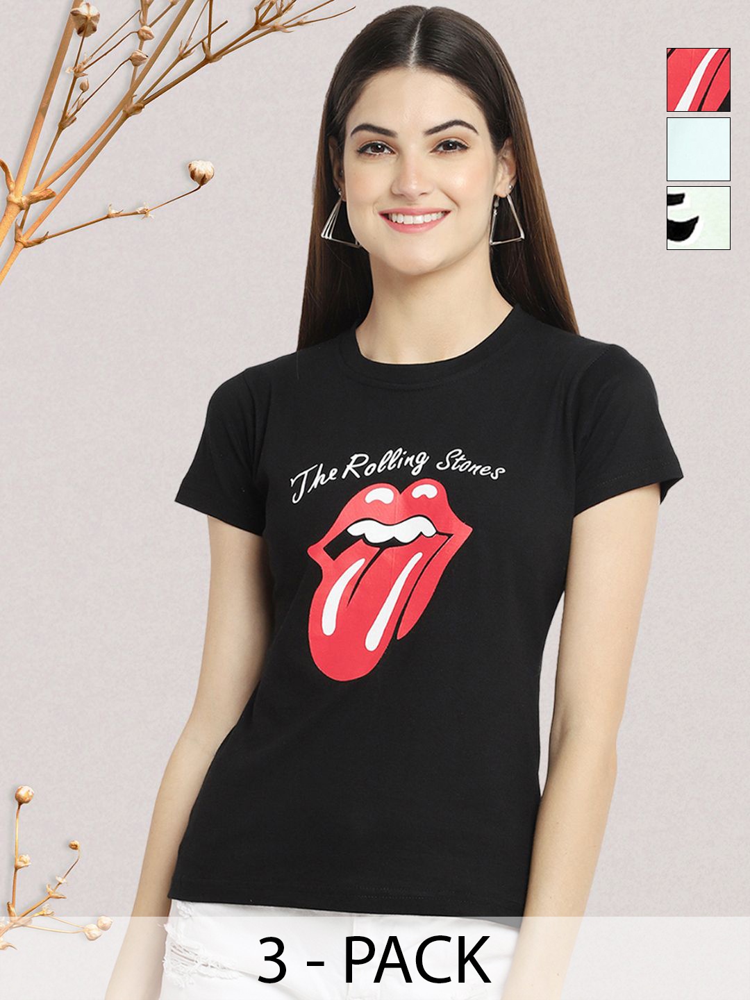 

GLOBAL NOMAD Women Pack of 3 Graphic Printed Round Neck Cotton T-shirts, Black