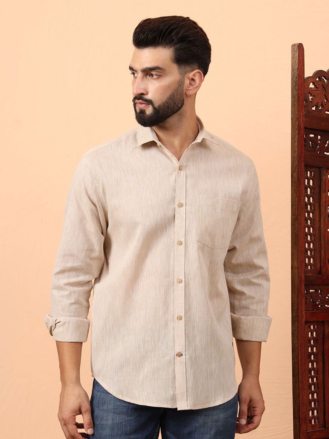 

Latest Chikan Garments Men Standard Fit Spread Collar Solid Cotton Casual Shirt, Beige