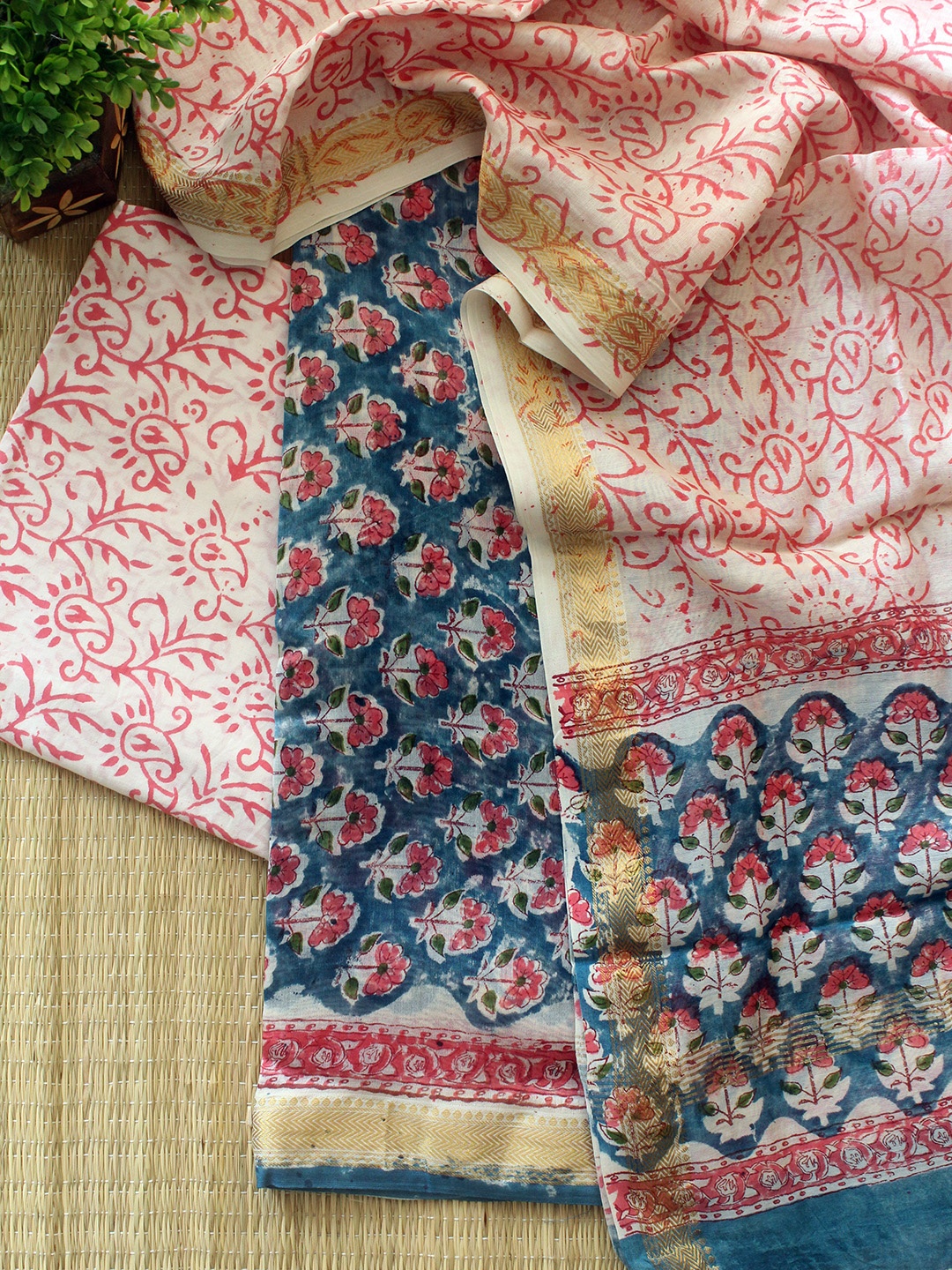 

Weaves of Tradition Floral Printed Unstitched Dress Material, Blue