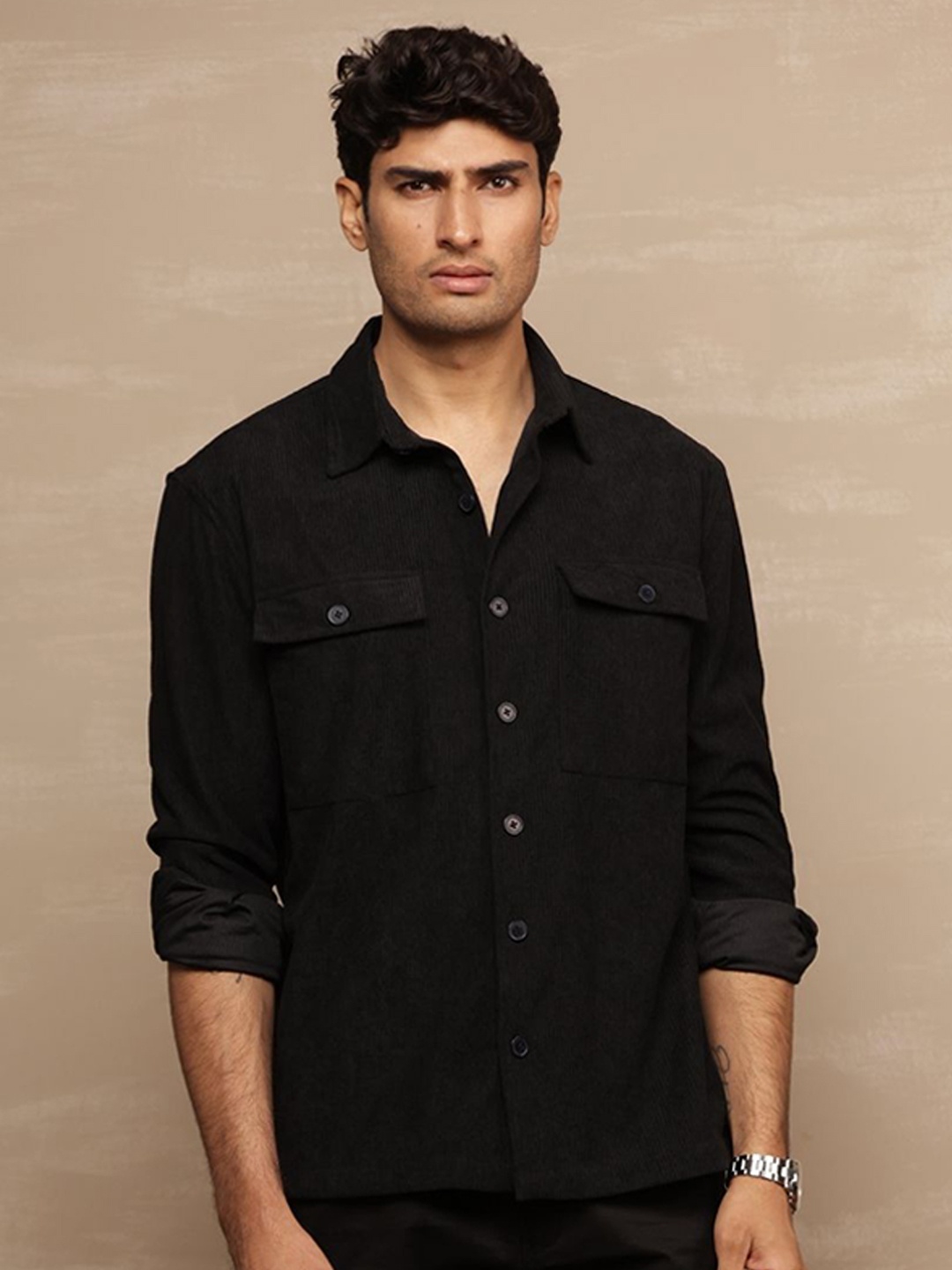 

Uncluttered Closet Men Relaxed Oversized Fit Vertical Striped Cotton Casual Shirt, Black