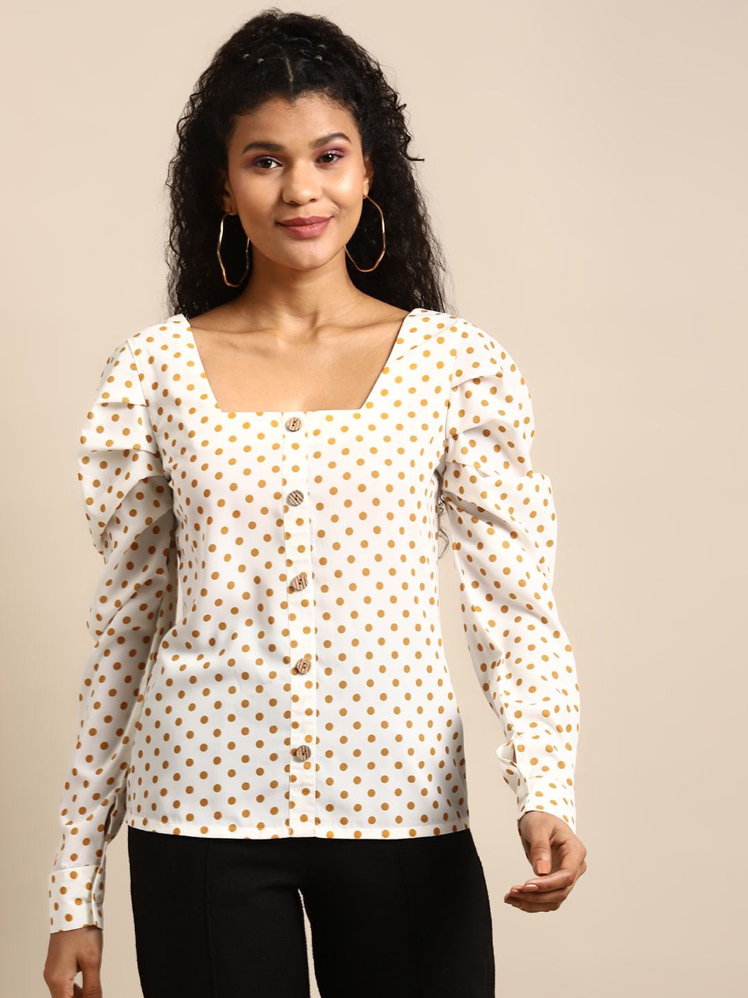 

DODO & MOA Women Polka Dot Print Square Neck Cuffed Sleeves Crepe Regular Top, White