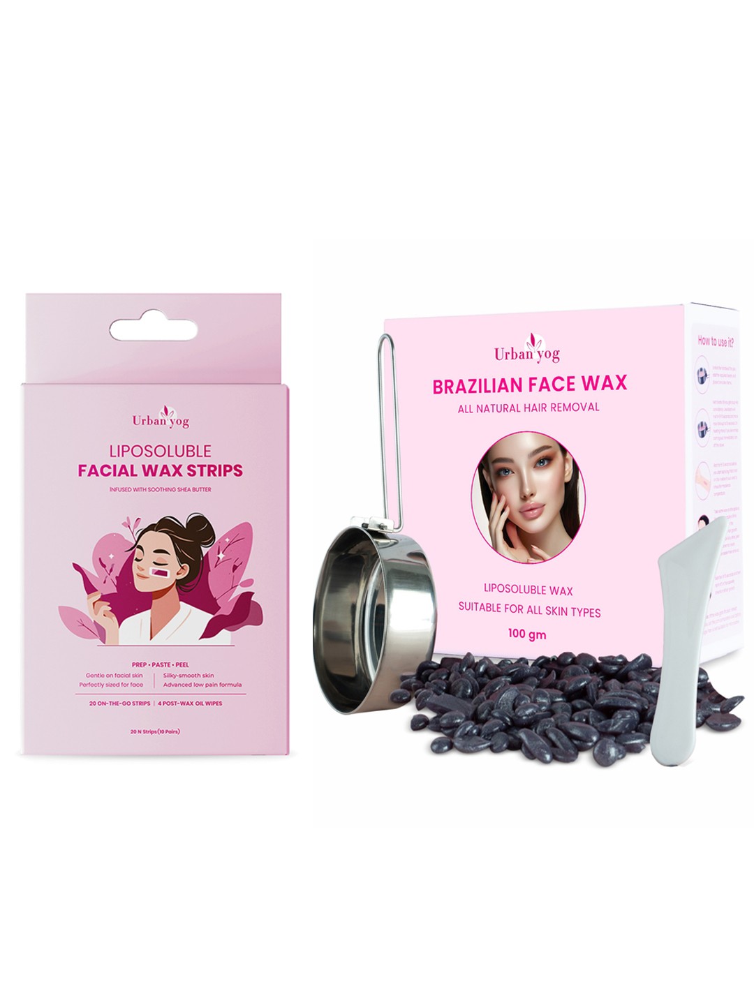

URBANYOG Set of Liposoluble Facial Wax Strips - 20 Strips & Brazilian Face Wax Beans 100g, Pink
