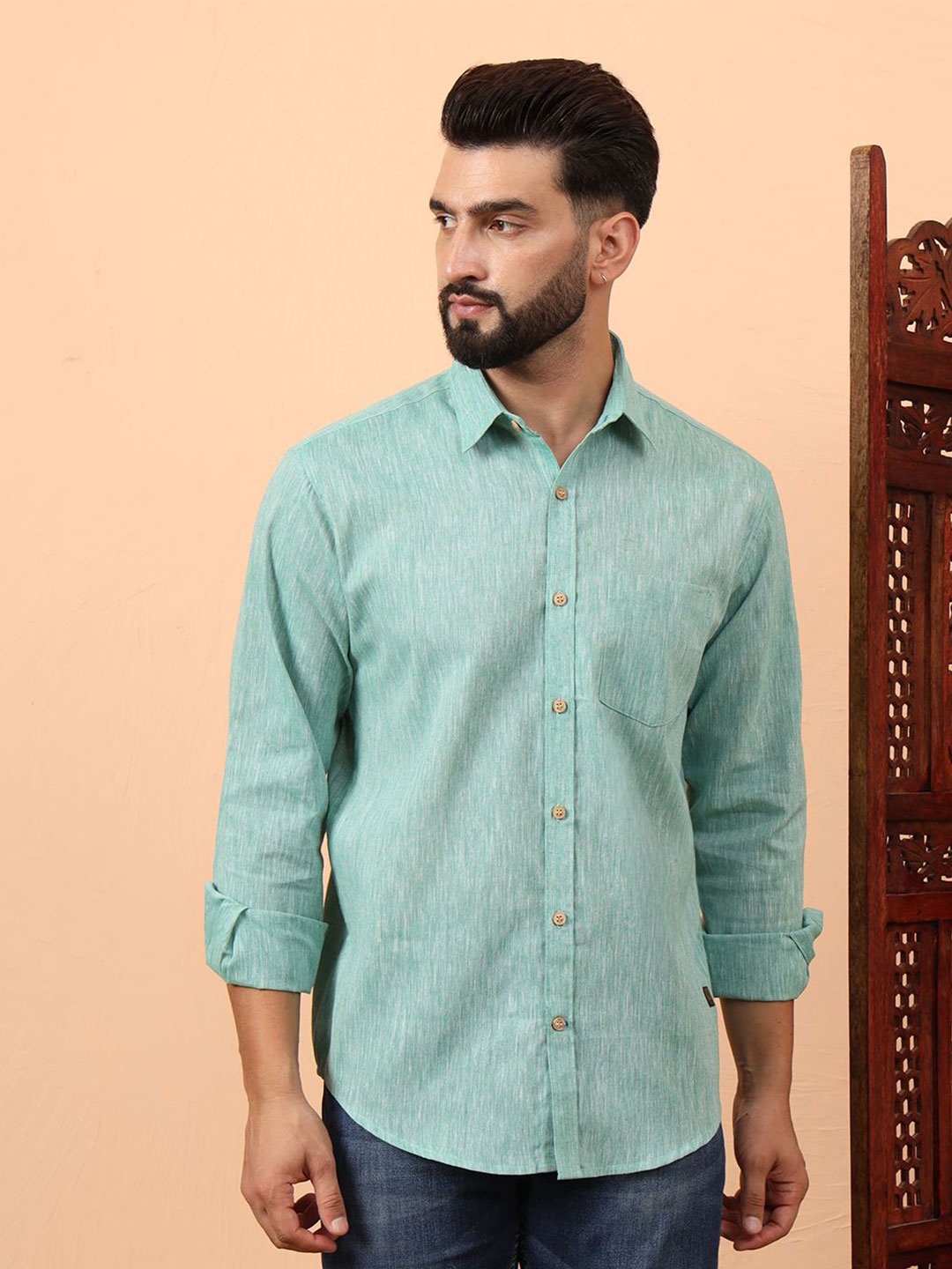 

Latest Chikan Garments Men Standard Fit Spread Collar Solid Cotton Casual Shirt, Green