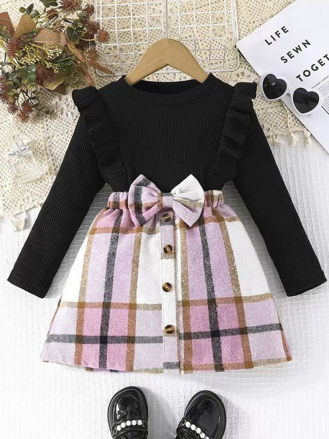 

Xsole Girls Checked Round Neck Top With Skirt, Black
