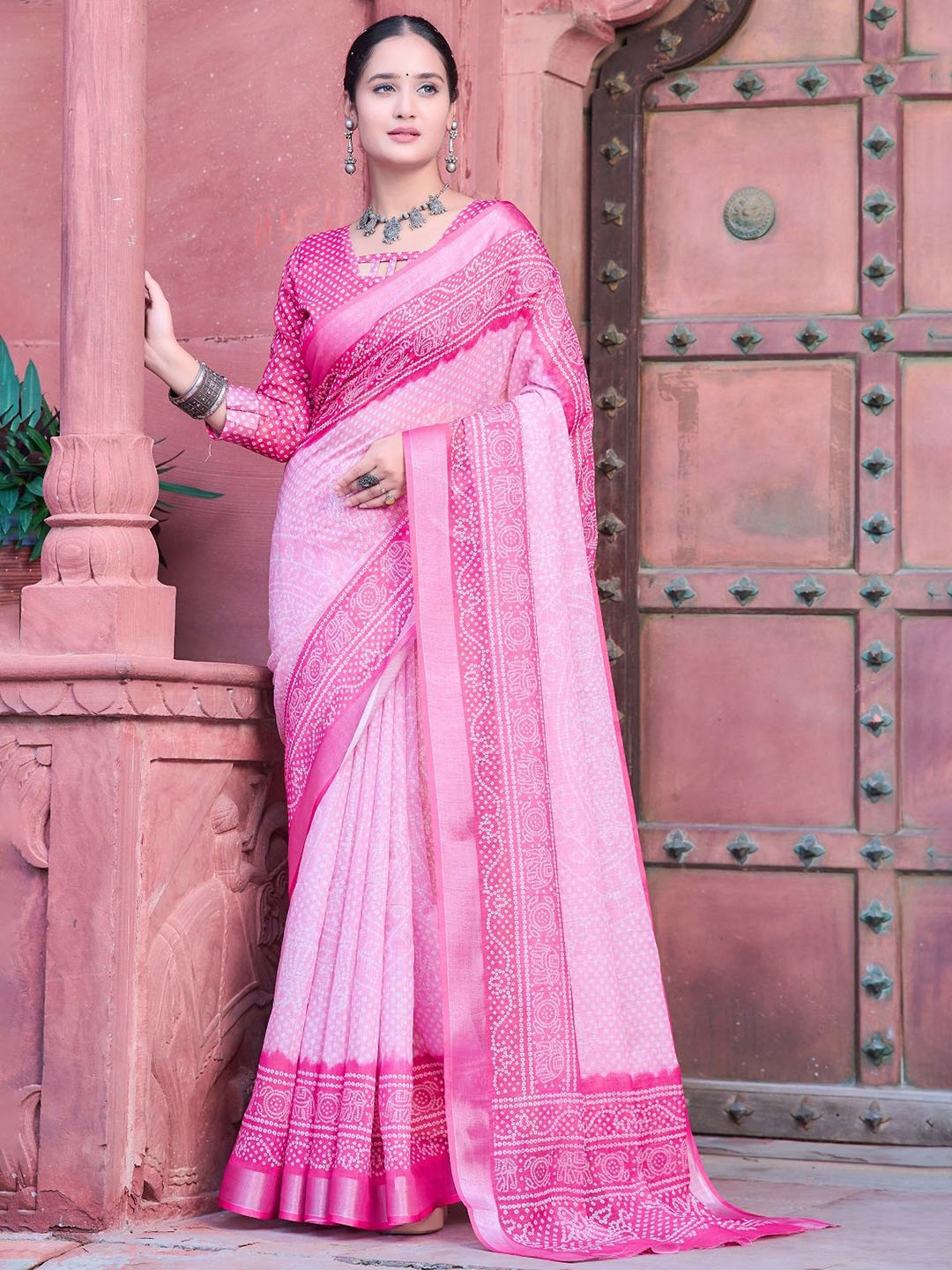 

Nimidiya Bandhani Printed Zari Pure Cotton Saree, Pink