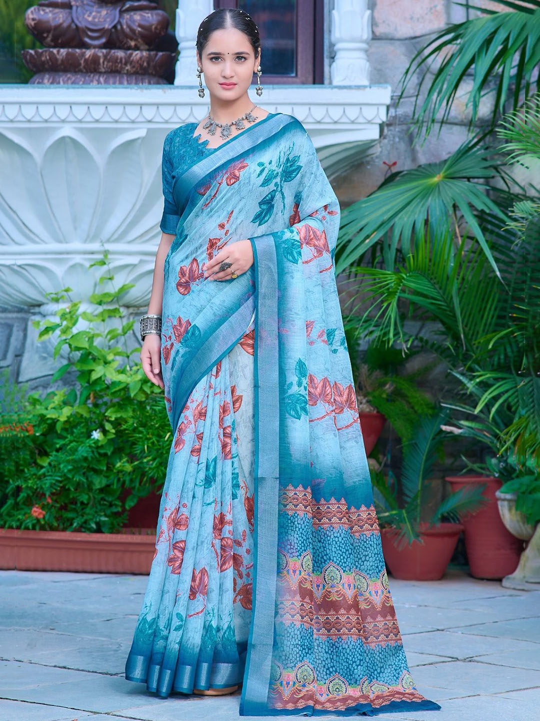 

Nimidiya Floral Printed Zari Pure Cotton Saree, Blue