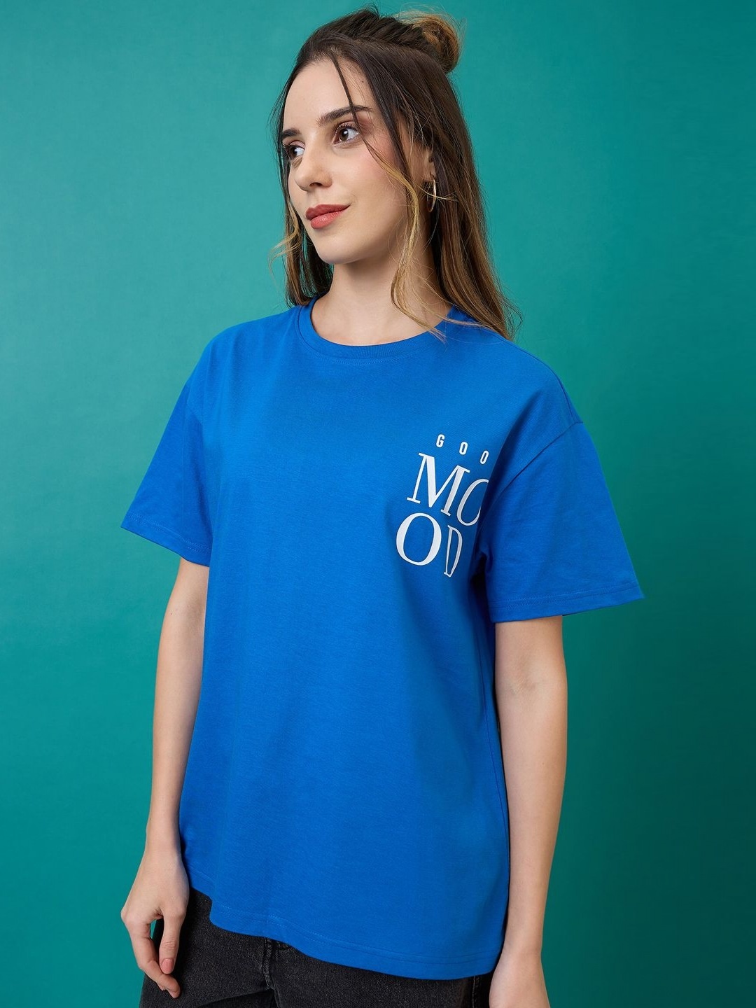 

Mast & Harbour Women Typography Printed Round Neck Cotton Oversized T-shirt, Blue