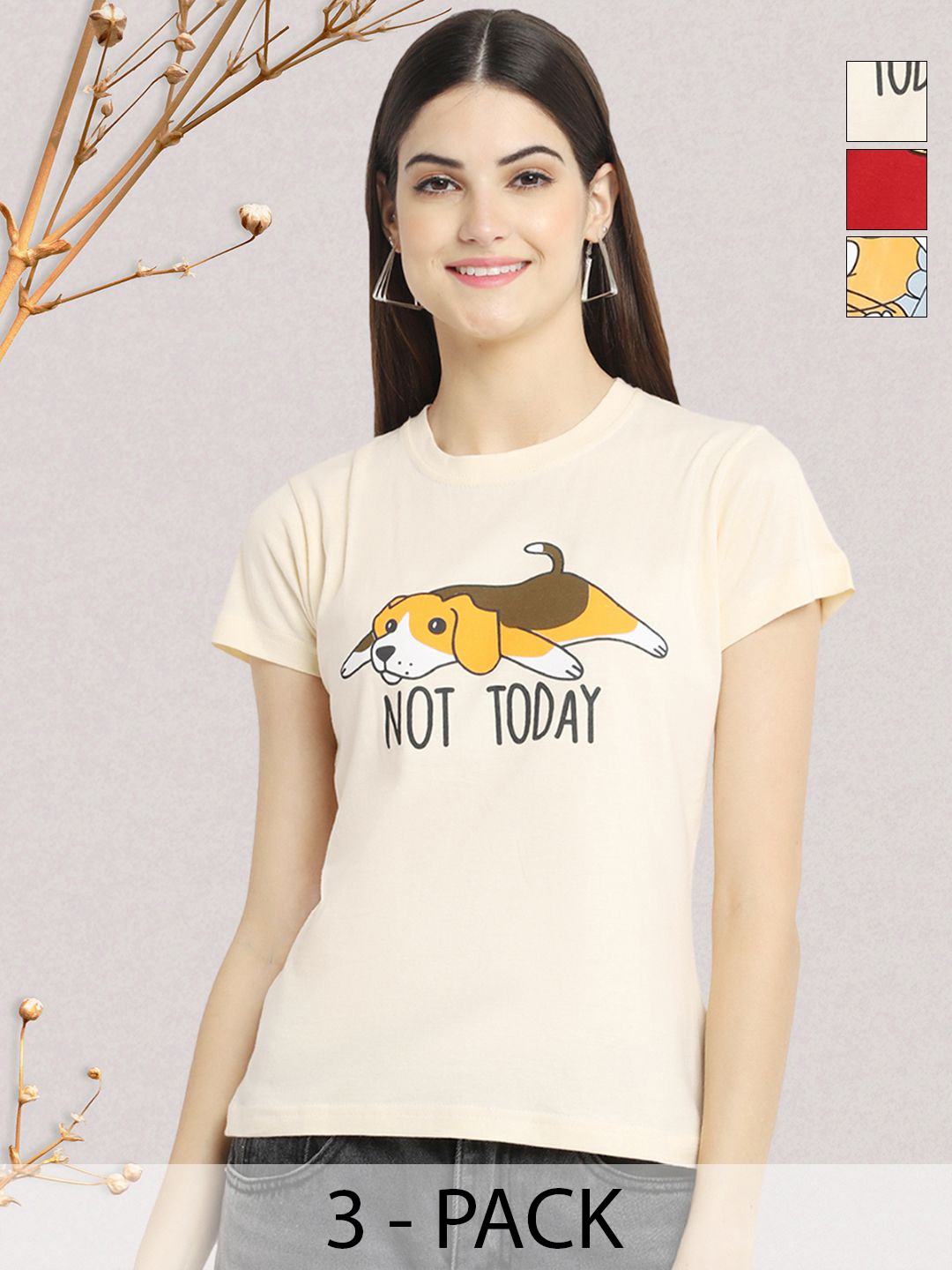 

GLOBAL NOMAD Women Pack of 3 Graphic Printed Round Neck Cotton T-shirts, Cream