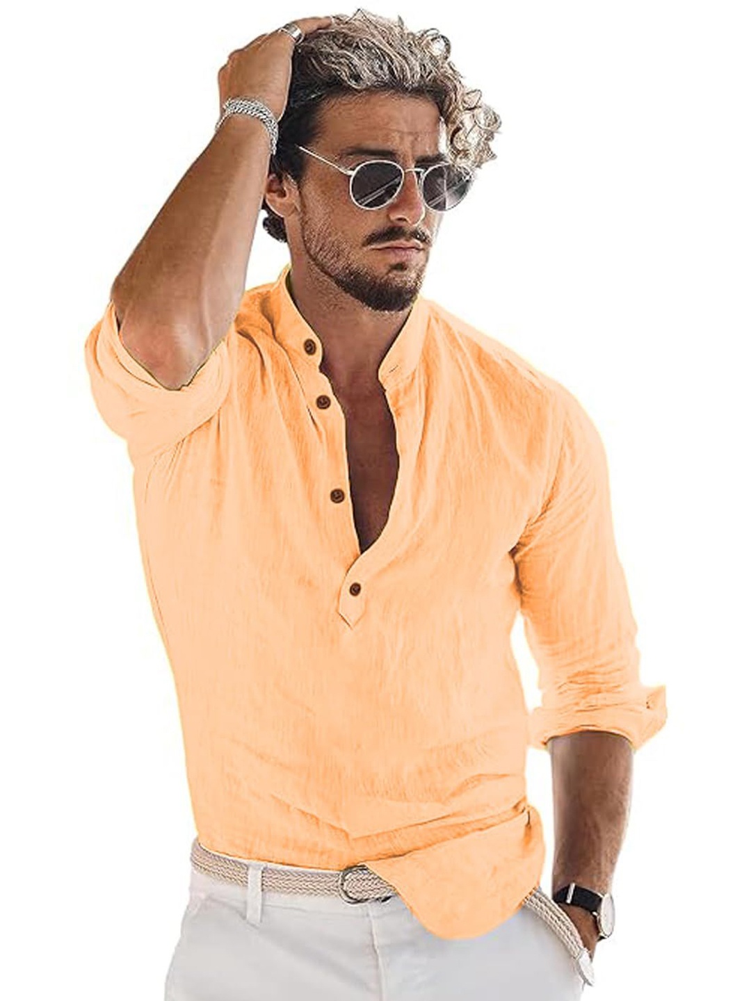 

EdinWolf Men India Slim Fit Band Collar Solid Cotton Casual Shirt, Orange
