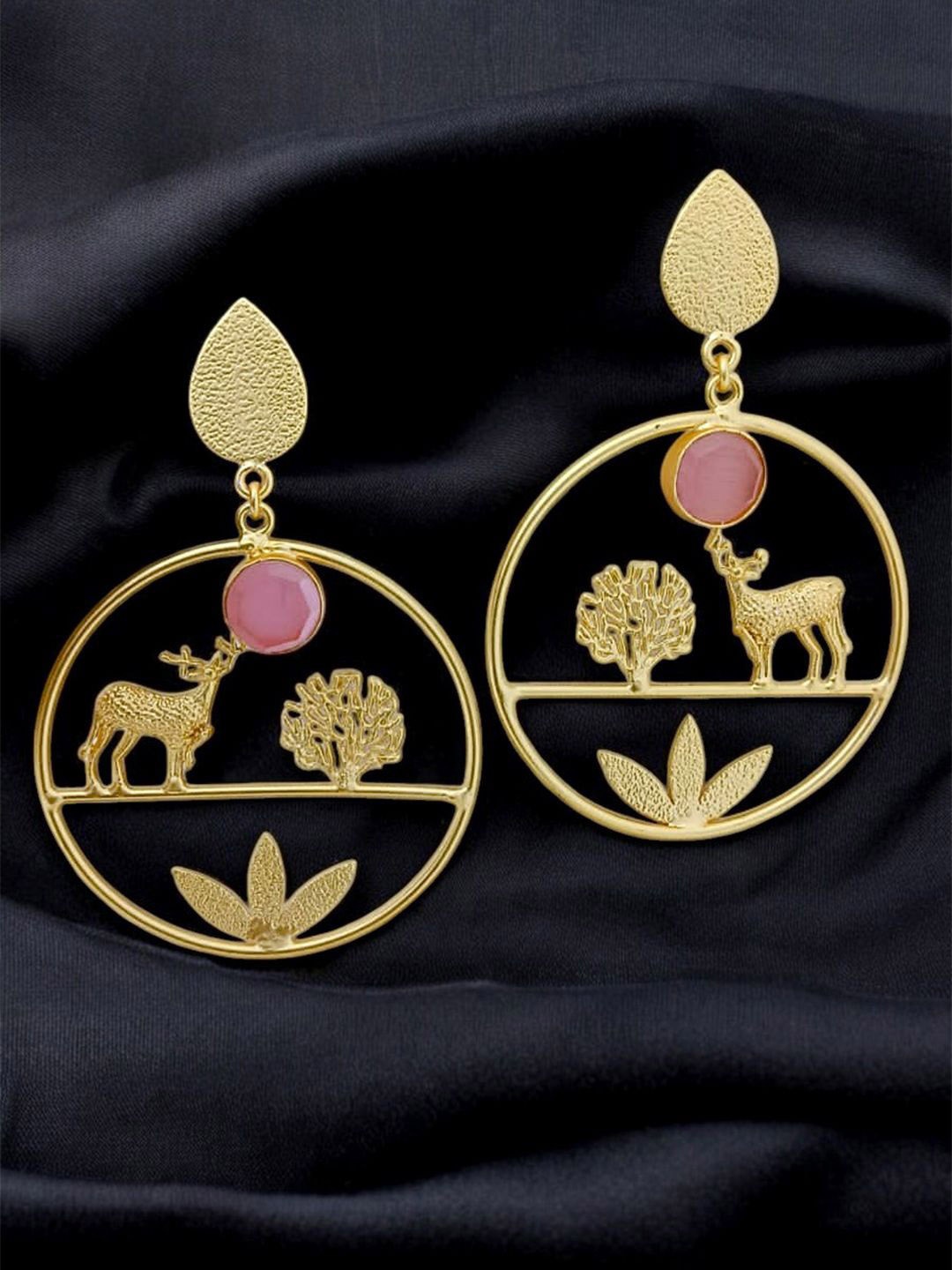 

TISHUL JEWELS Gold-Plated Artificial Stone Studded Classic Drop Earrings, Pink