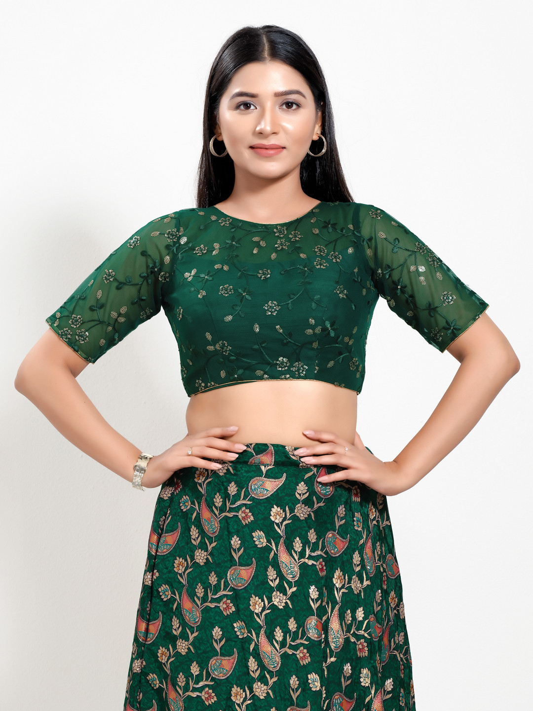 

VAMAS - THE DESIGNER BLOUSES Women Round Neck Padded Saree Blouse, Green