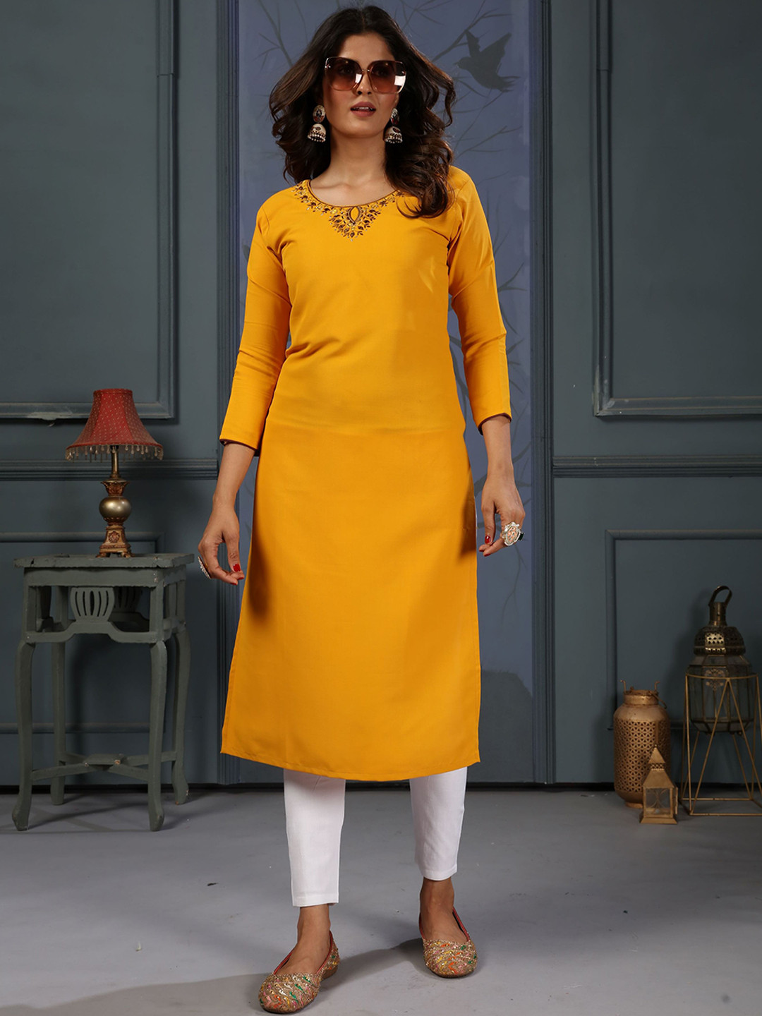 

Artihc Floral Yoke Design Mirror Work Cotton Silk Straight Kurta With Leggings, Yellow
