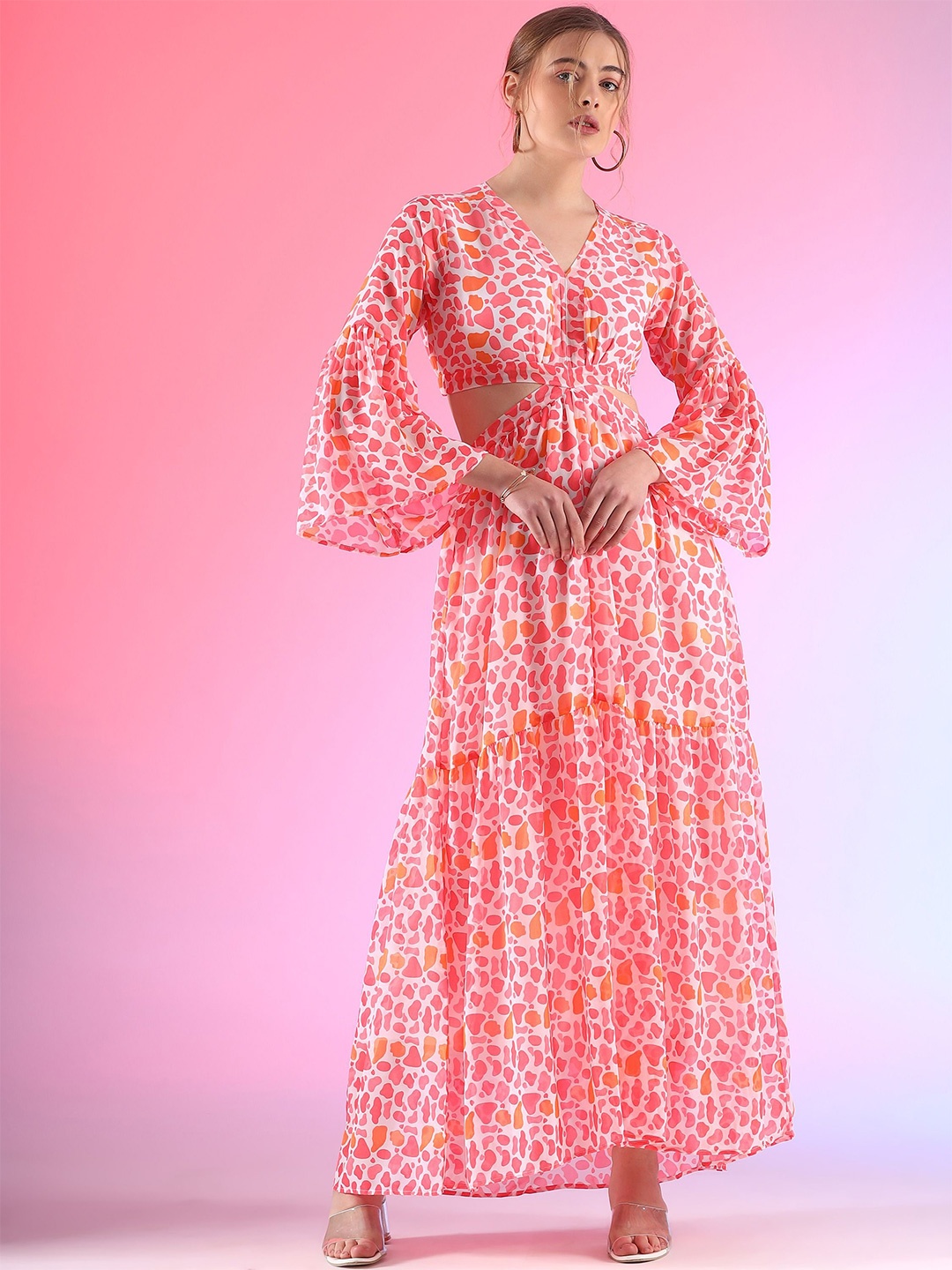 

De La Moda Printed Flared Sleeve Fit & Flare Maxi Dress, Multi