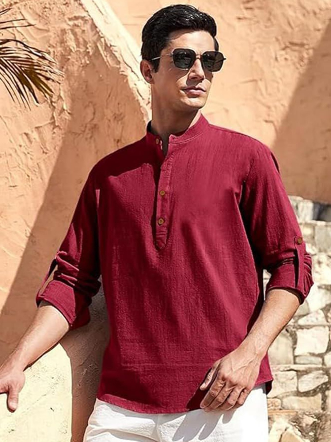 

EdinWolf Men India Slim Fit Band Collar Solid Cotton Casual Shirt, Maroon