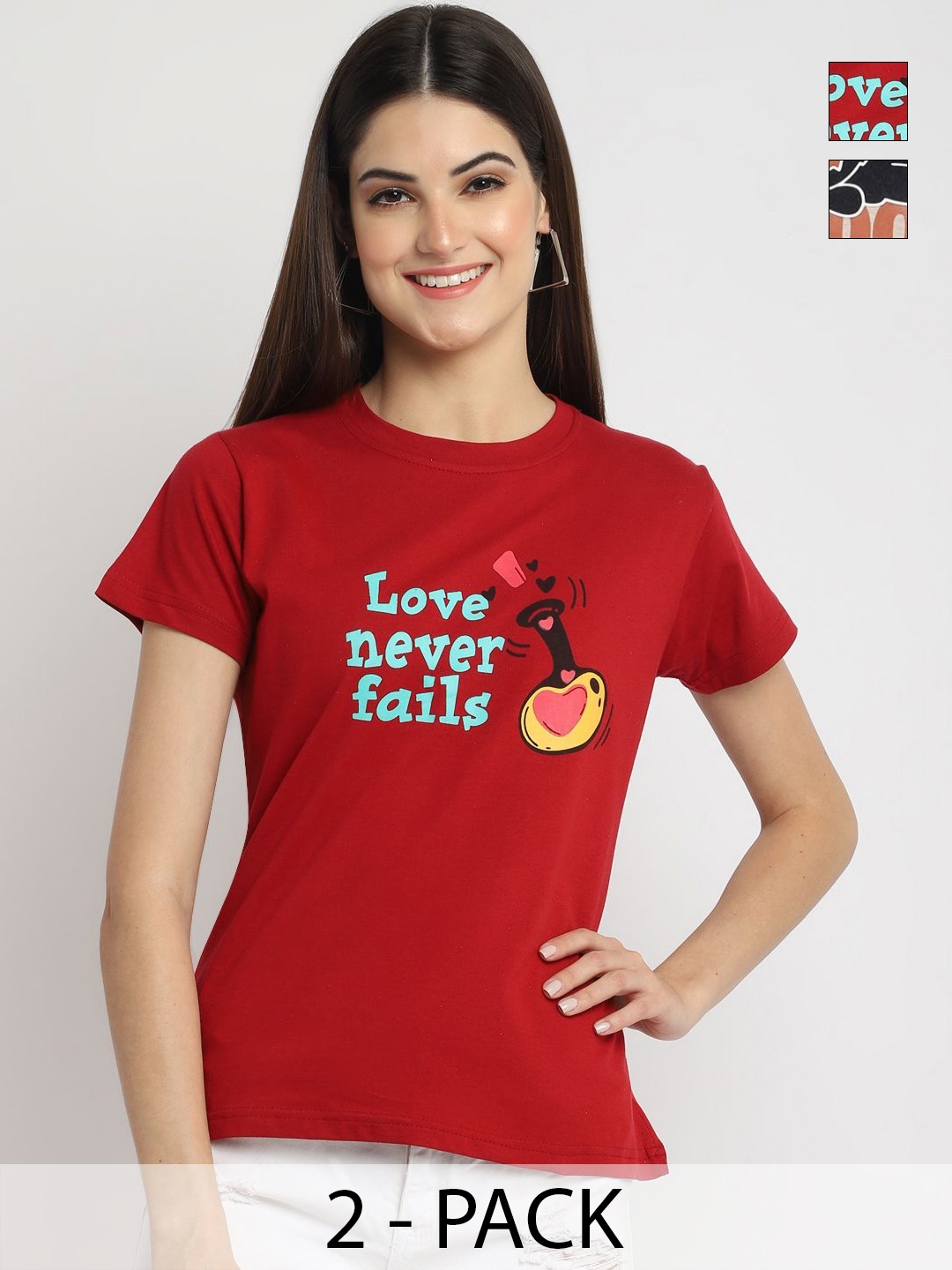 

Tromko Women Pack of 2 Typography Printed Round Neck Cotton Regular Fit T-shirts, Red