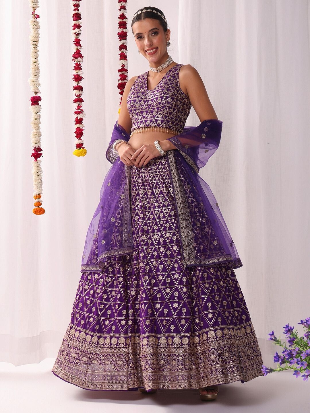 

Chhabra 555 Floral Embroidered Square Neck Sequinned Lehenga Choli With Dupatta, Purple