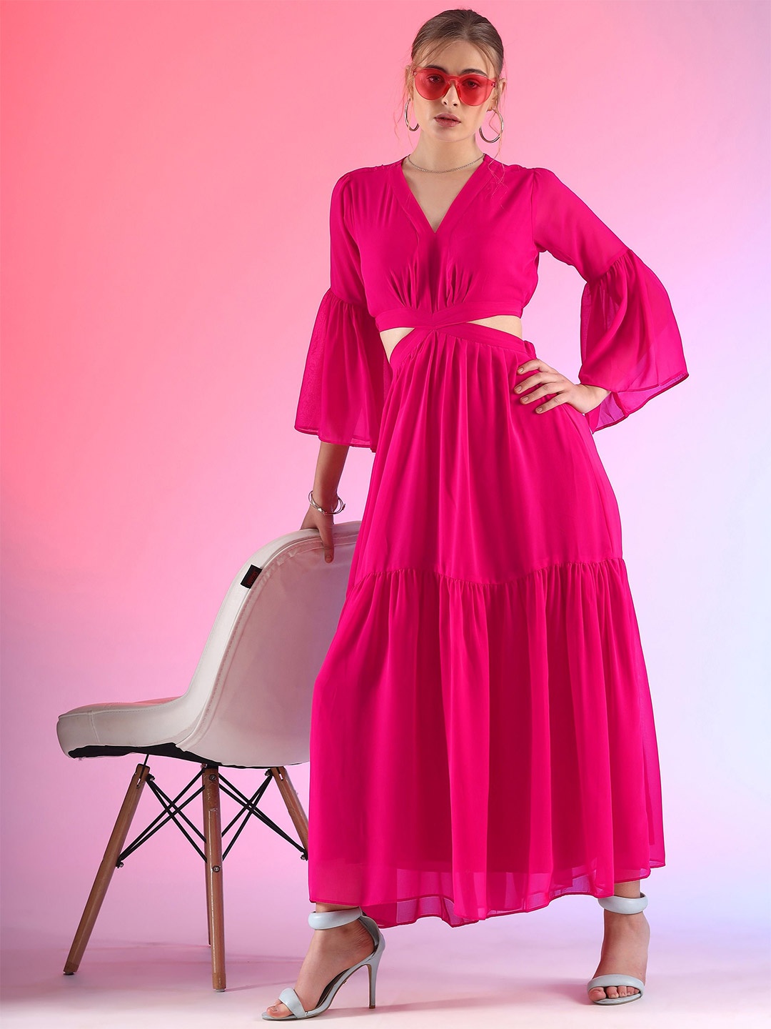 

De La Moda Women Flared Sleeve Fit & Flare Maxi Dress, Pink