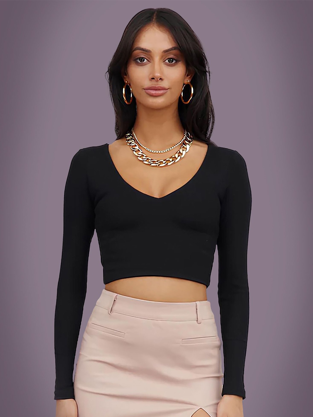 

Dream Beauty Fashion Women V-Neck Fitted Crop Top, Black