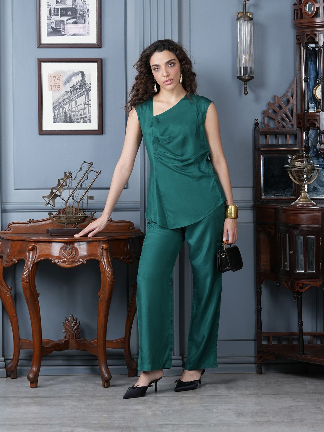

JISORA Pure Silk Tunic With Trousers Co-Ords, Green