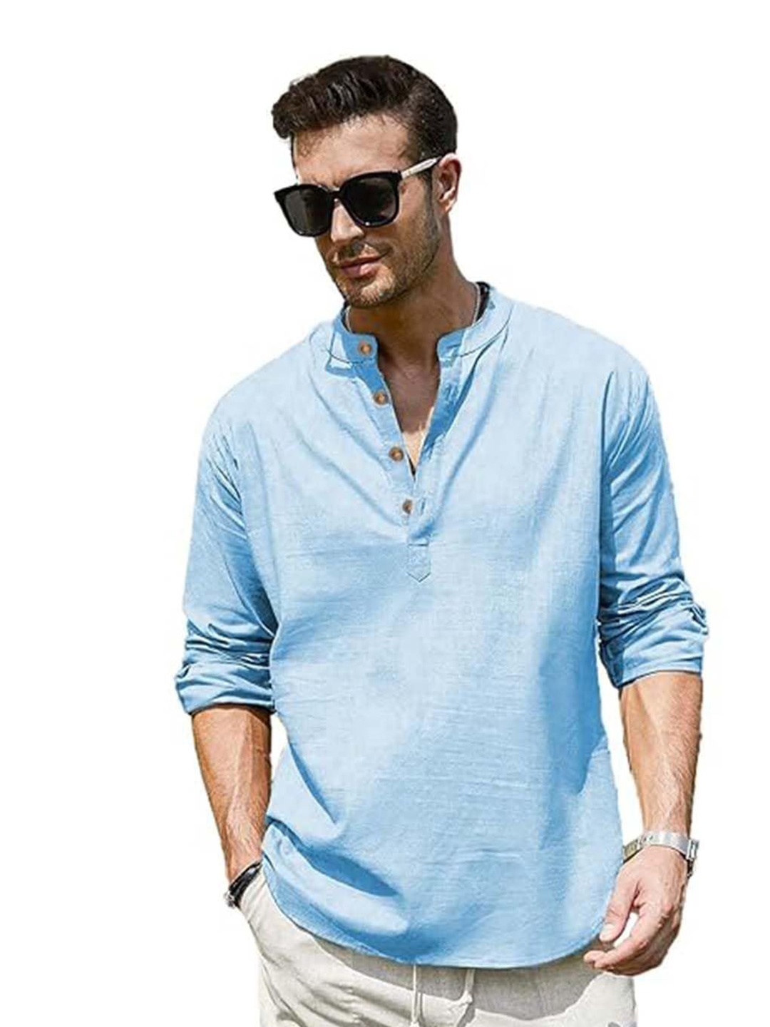 

EdinWolf Men India Slim Fit Mandarin Collar Solid Cotton Casual Shirt, Blue