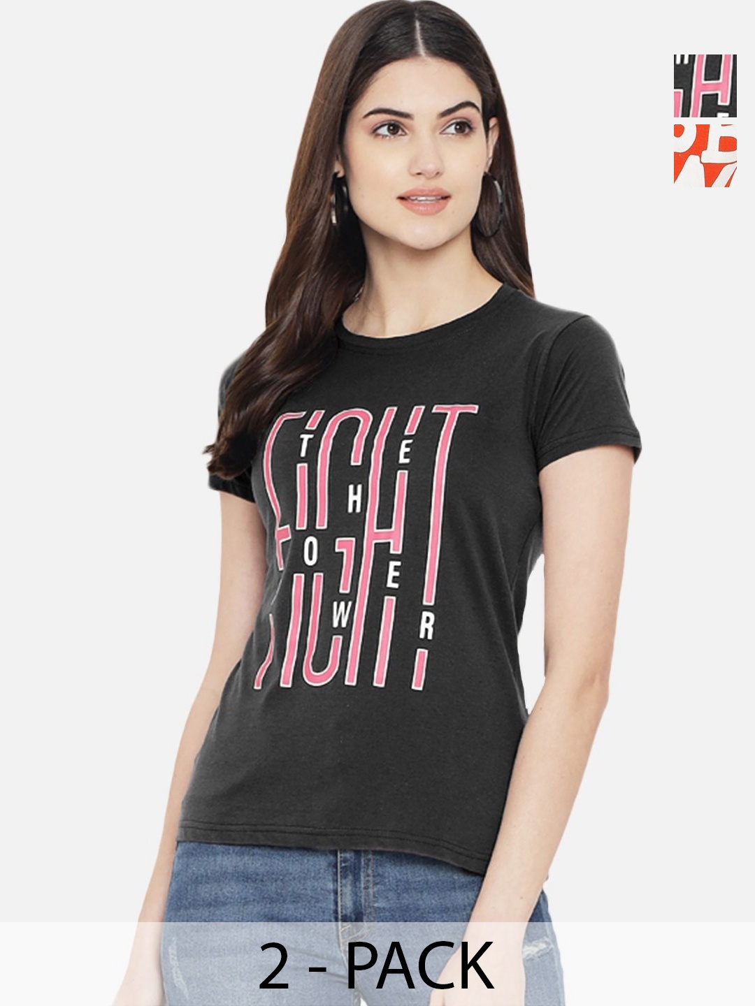 

Tromko Women Pack of 2 Typography Printed Round Neck Cotton Regular Fit T-shirts, Black