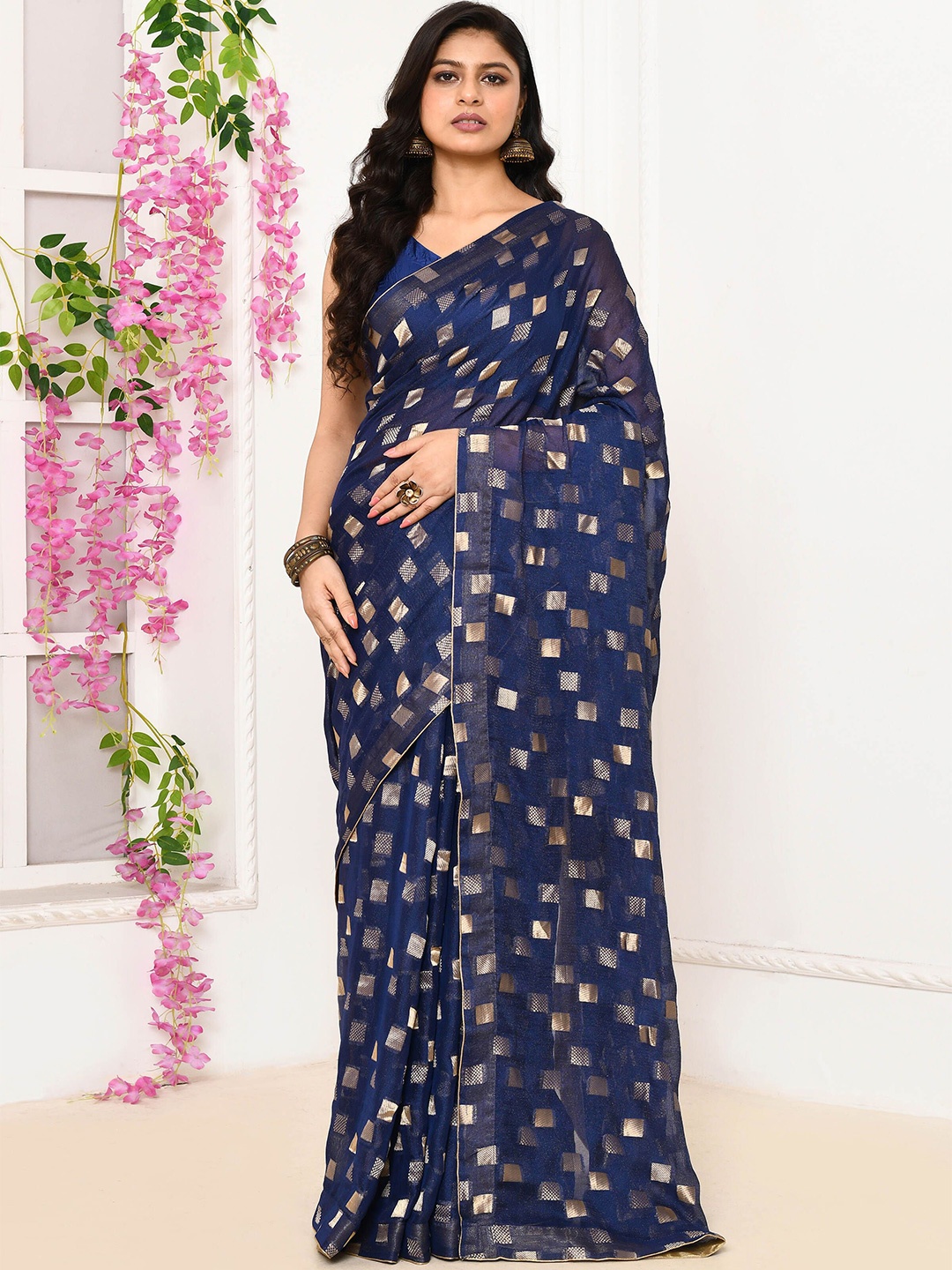 

THREAD SAGA Checked Jute Silk Saree, Blue