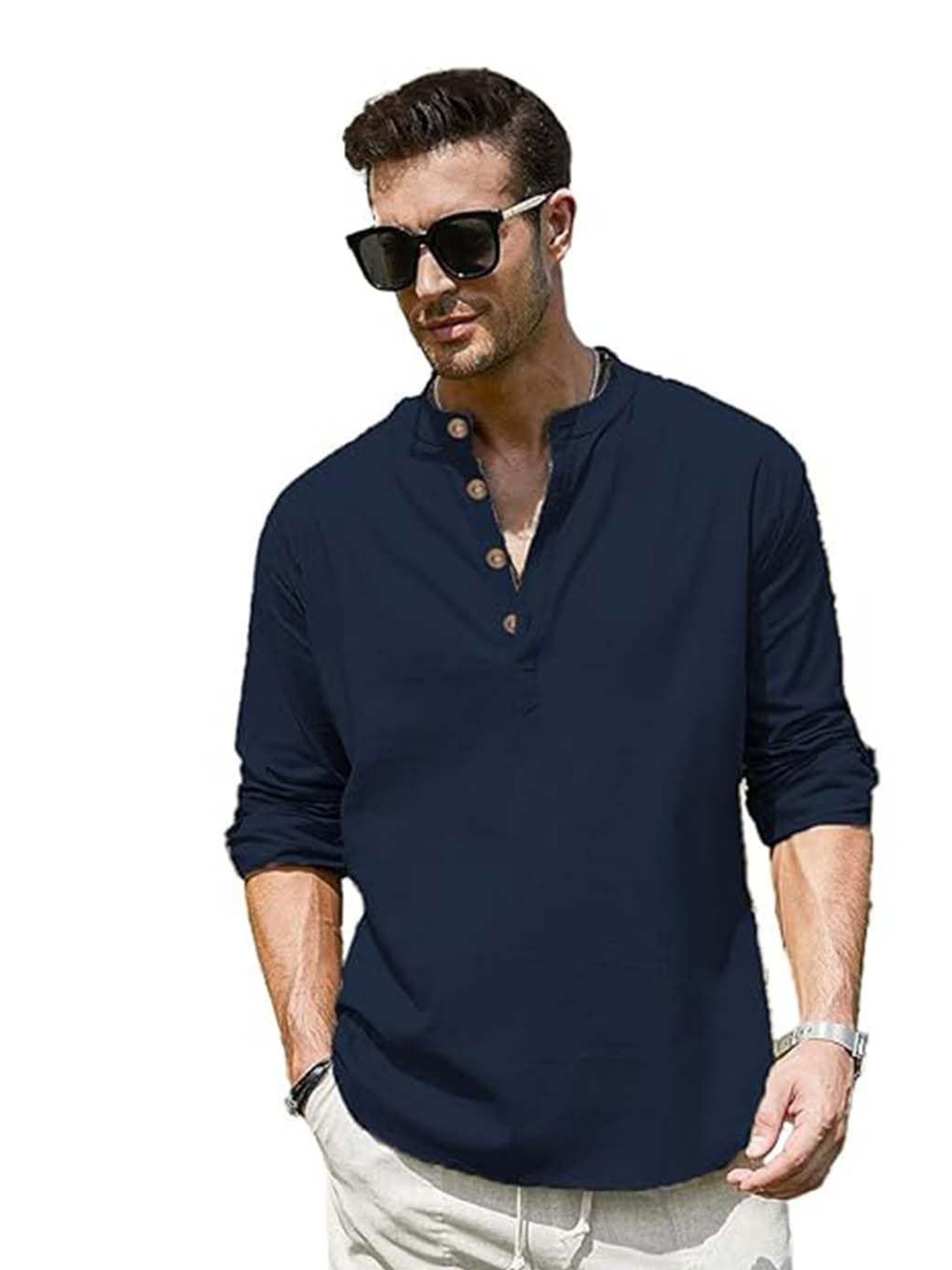 

EdinWolf Men India Slim Fit Mandarin Collar Solid Cotton Casual Shirt, Navy blue