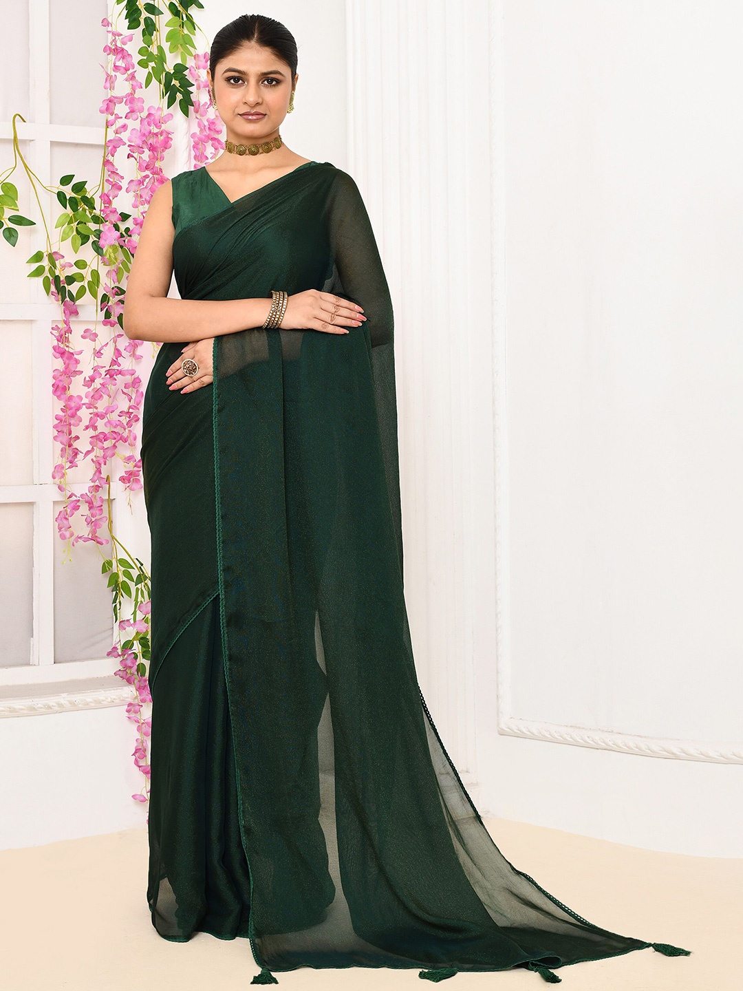

THREAD SAGA Tissue Saree with Blouse Piece, Green