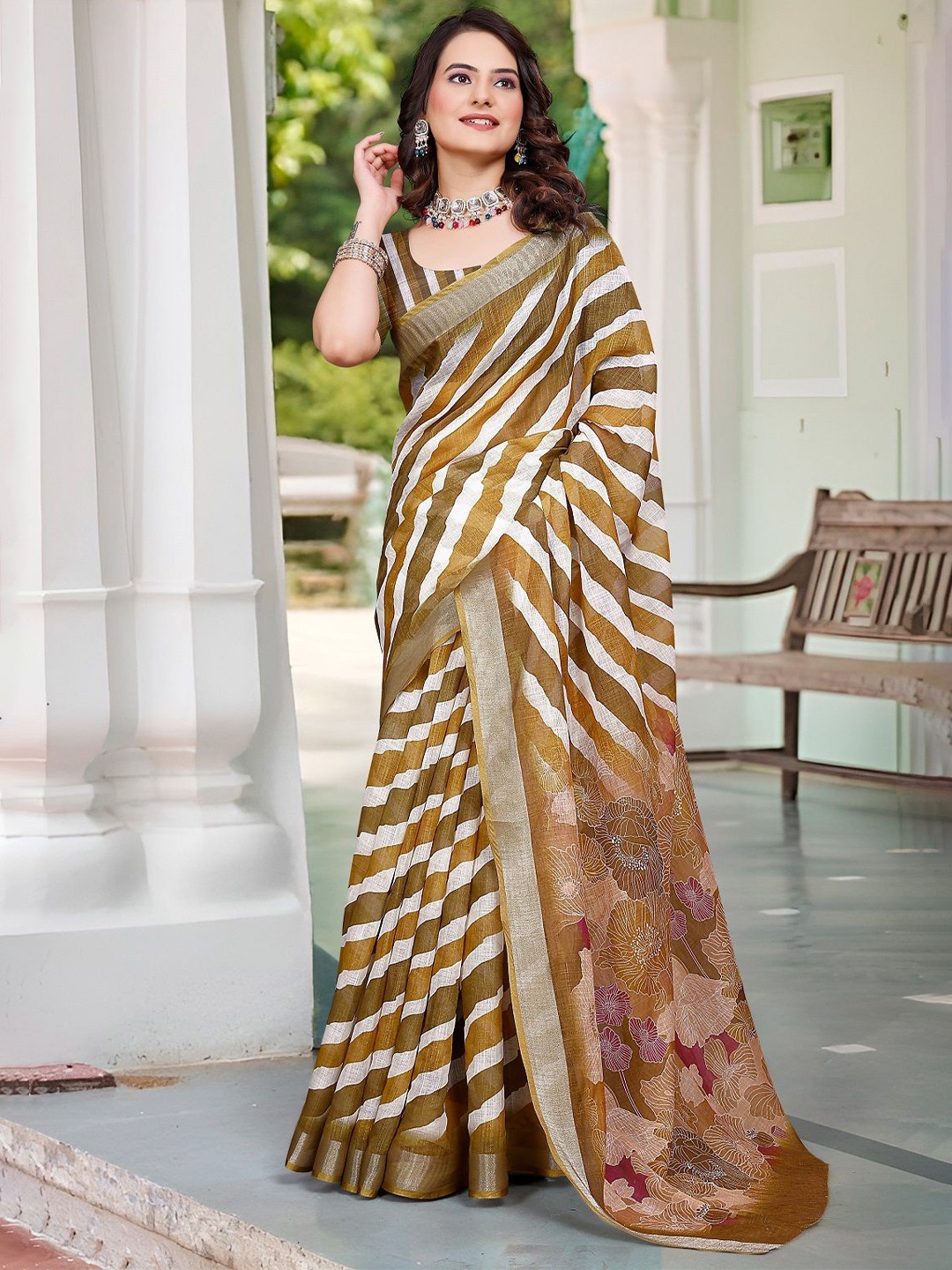 

Nimidiya Striped Zari Pure Cotton Saree, Brown