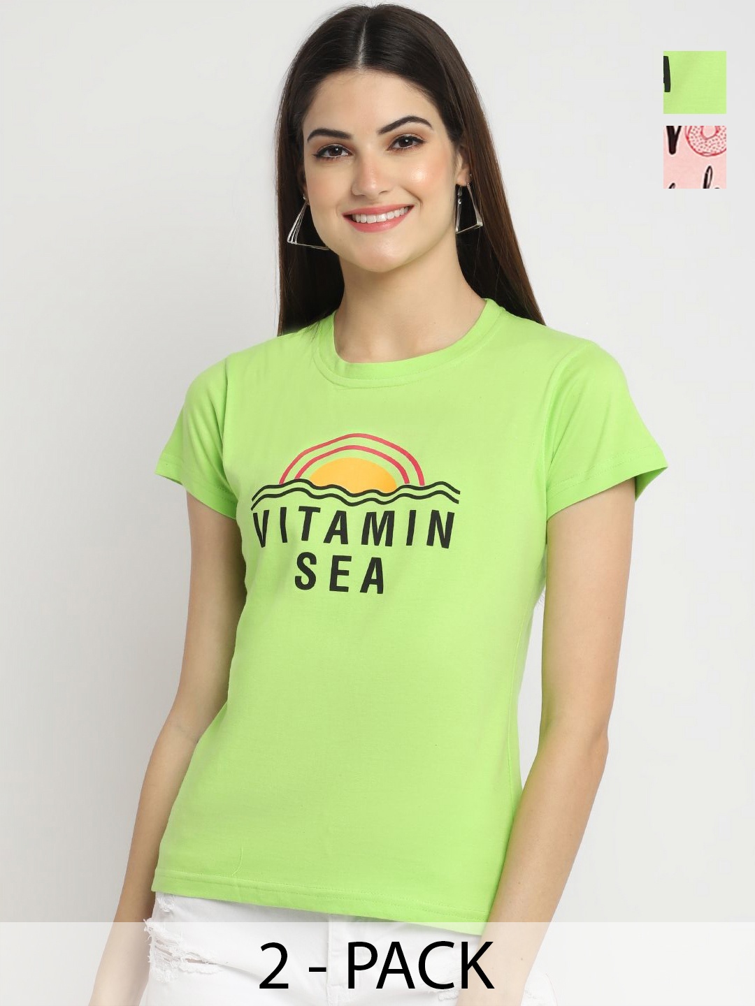 

Tromko Women Pack of 2 Typography Printed Round Neck Cotton Regular Fit T-shirts, Green