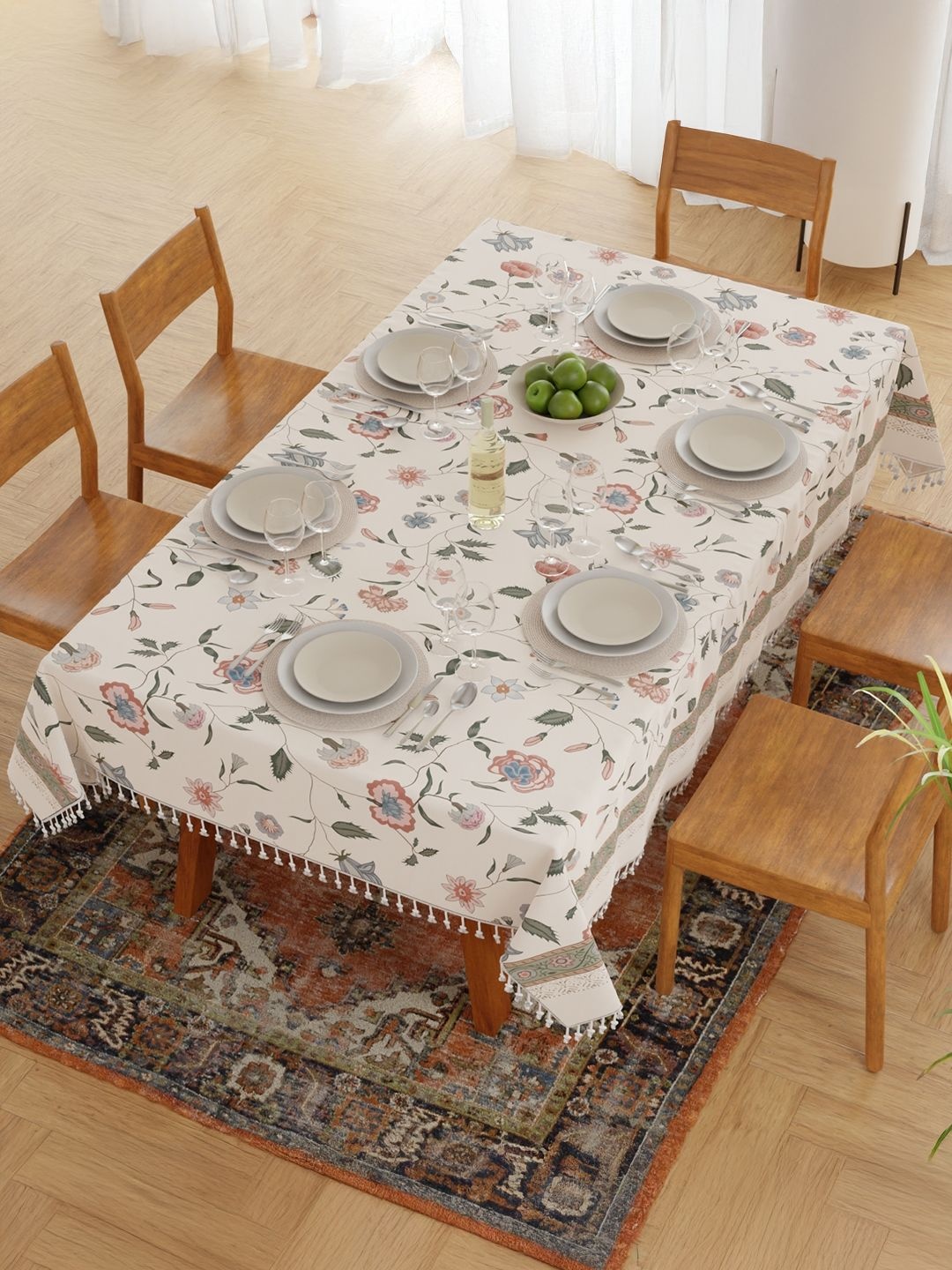 

URBAN SPACE Cream-Coloured & Green Floral Anti-Slip Rectangle 6-Seater Table Cover