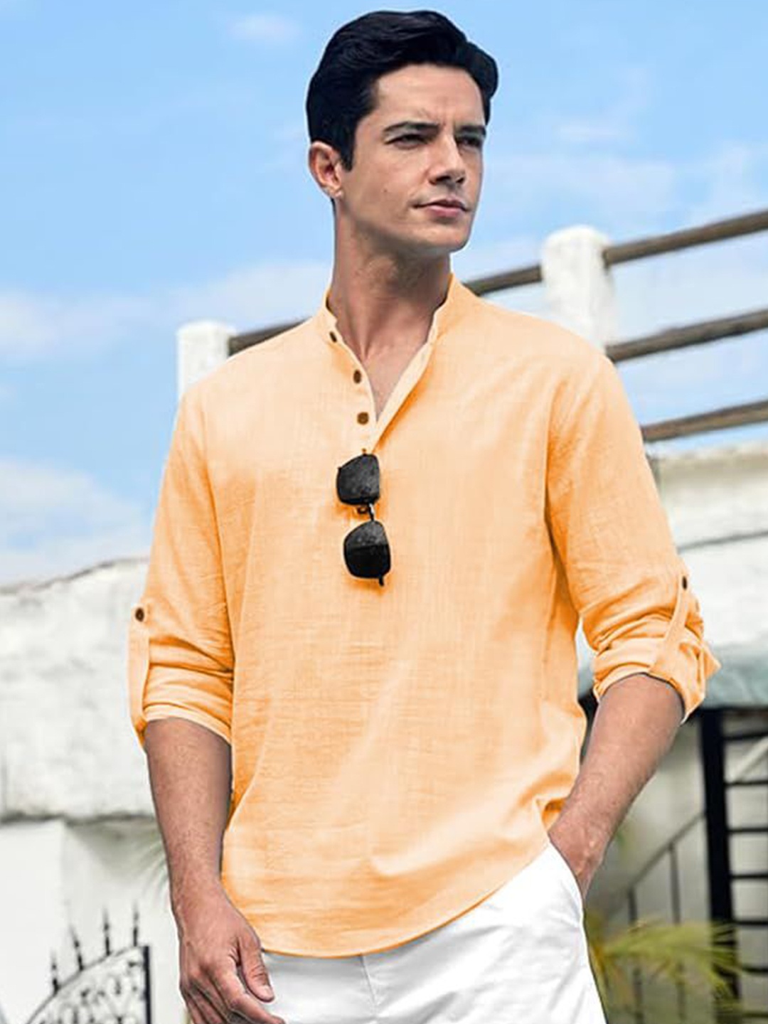 

EdinWolf Men India Slim Fit Mandarin Collar Solid Cotton Casual Shirt, Orange