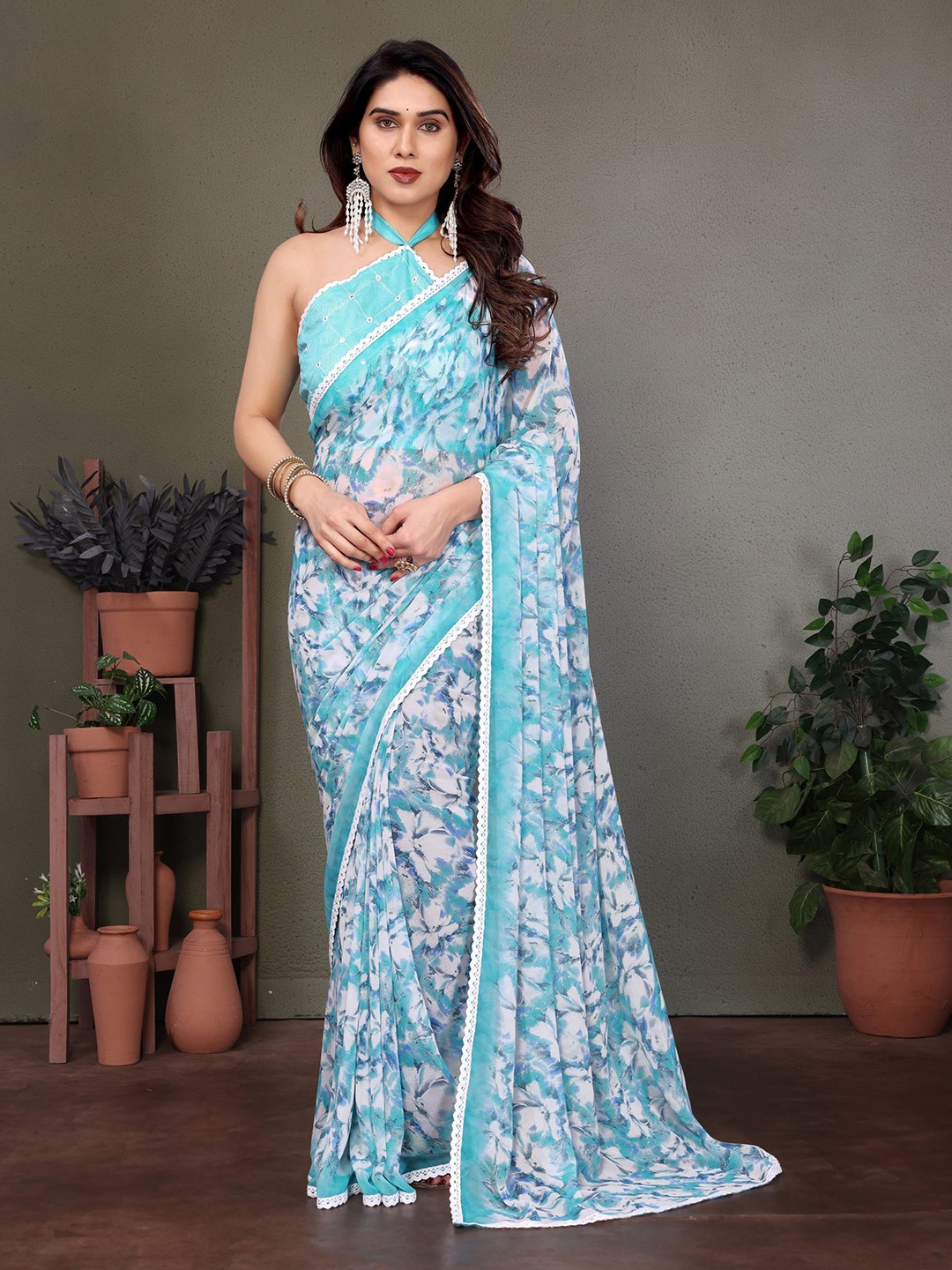 

Nirmohi Fashion Floral Printed Pure Georgette Saree, Blue