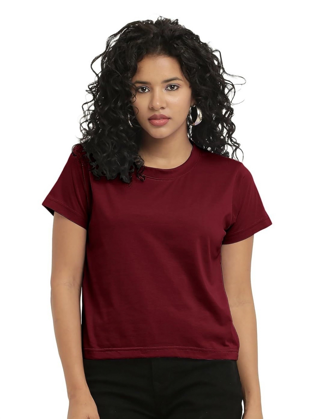 

NOTWILD Women Solid V-Neck Cotton T-shirt, Maroon