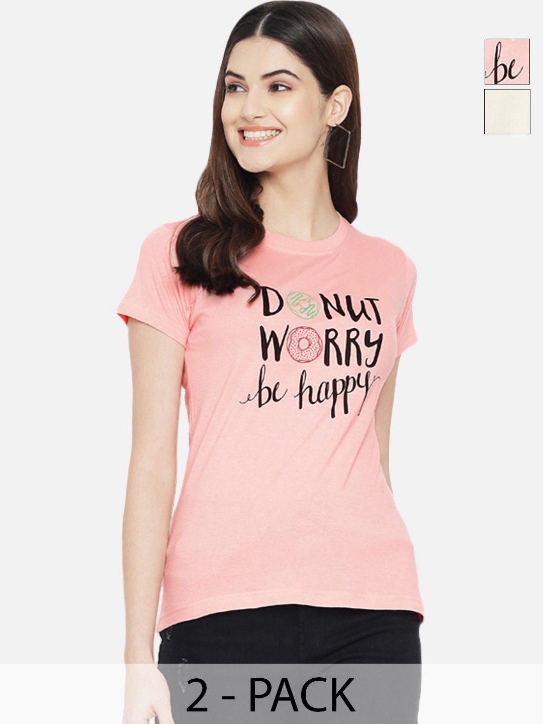 

Tromko Women Pack of 2 Typography Printed Round Neck Cotton Regular Fit T-shirts, Peach
