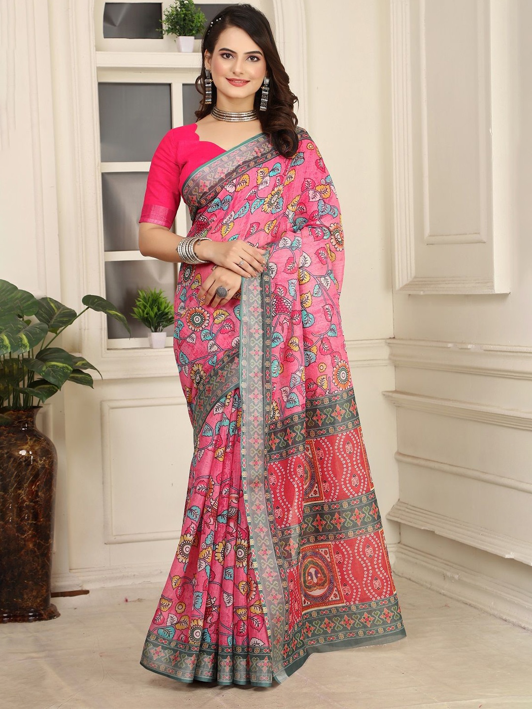 

Nimidiya Ethnic Motifs Printed Pure Cotton Saree, Pink