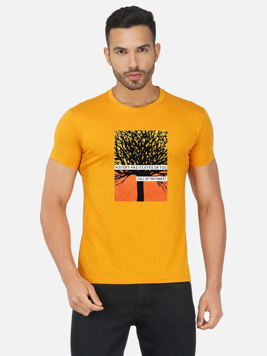 

Moda Rapido Men Bio Finish Graphic Printed Round Neck Cotton T-shirt, Mustard